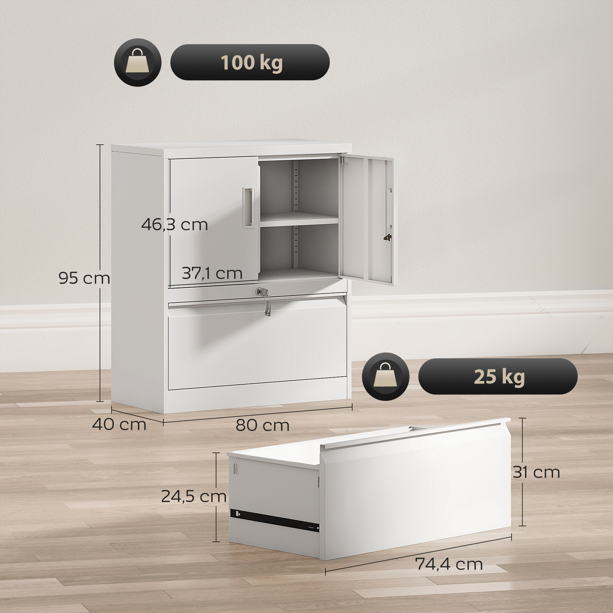 Aktenschrank Büroschrank Abschließbar Mehrzweckschrank aus Stahl mit 2 Türen, Verstellbaren Regalen Weiß