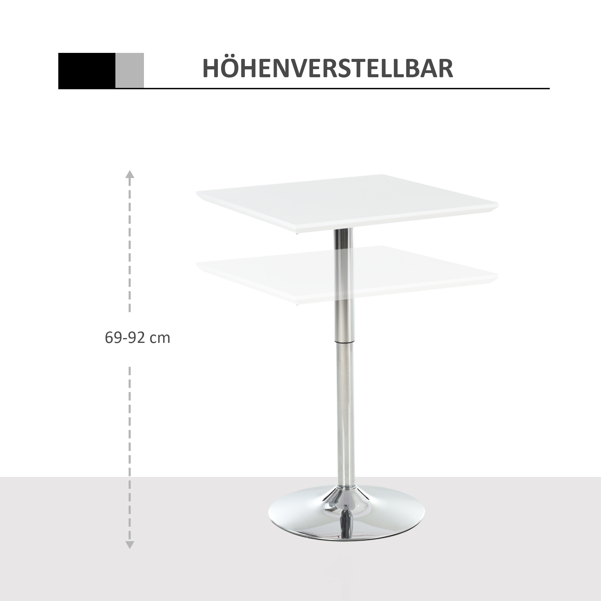 Bartisch Bistrotisch Pub Höhenverstellbarer Quadratischer Stehtisch Tisch Stahl Weiß 60 x 60 x 69-92 cm