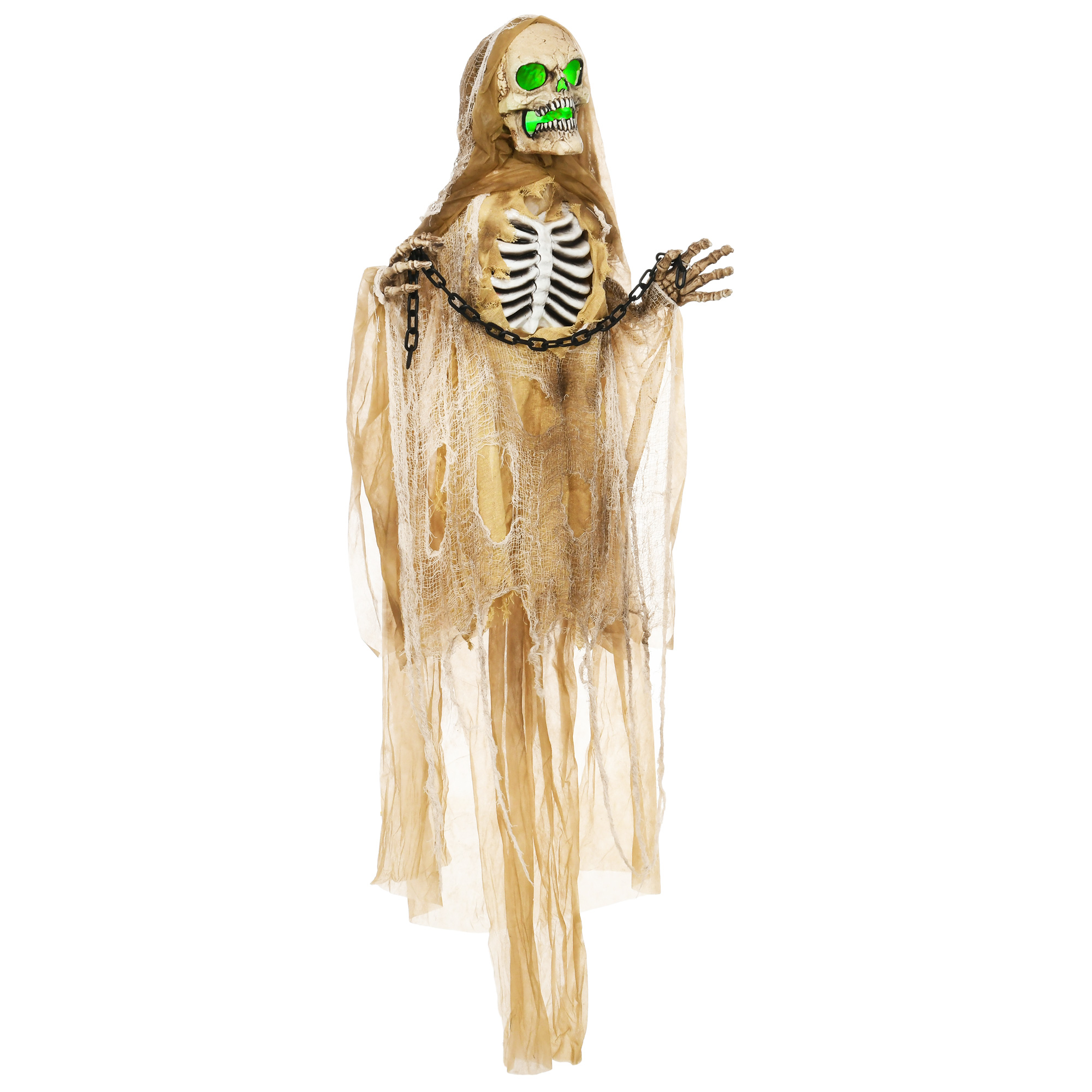 Halloweendekoration, Hängendes Skelett, leuchtender Kopf, unheimliches Heulen, biegsame Arme, Khaki