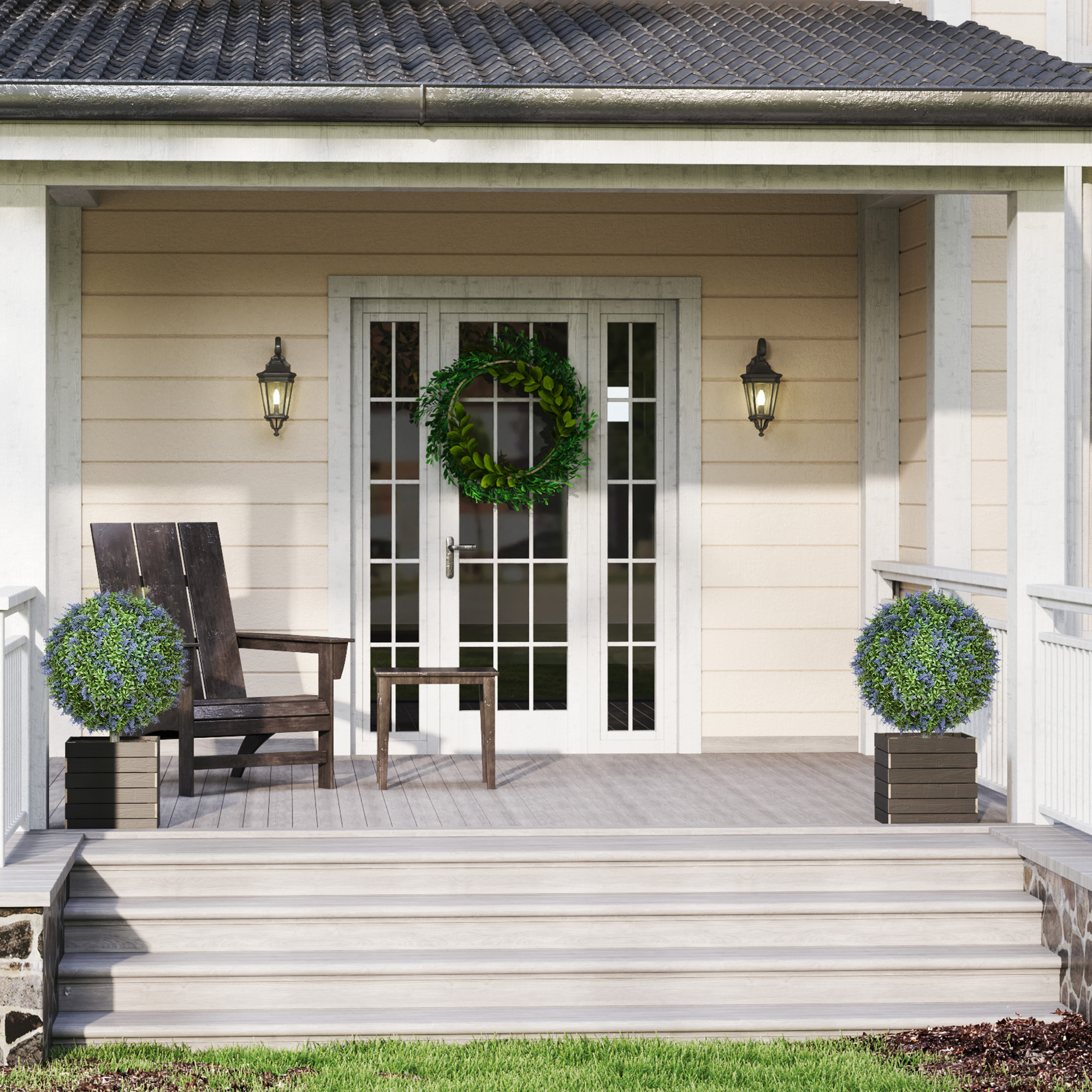 2-teiliges Kunstbaum-Set, Künstliche Lavendelbäume, Erdspieße, UV-beständig