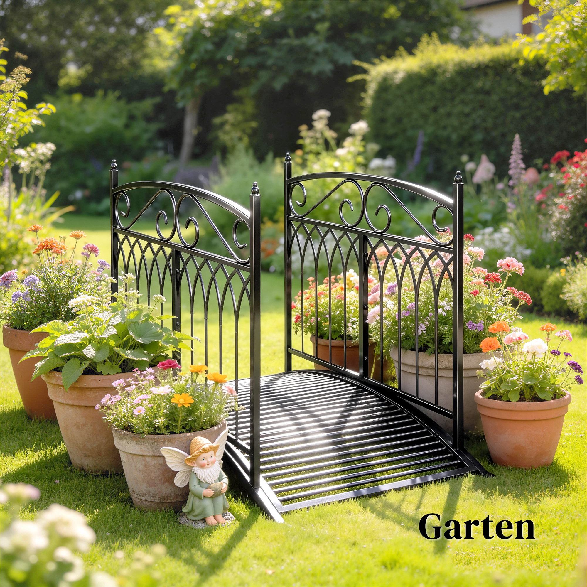 Gartenbrücke aus Metall 135,5 cm Teichbrücke mit Sicherheitsgeländern Antik-Optik Rostbeständig einfache Montage