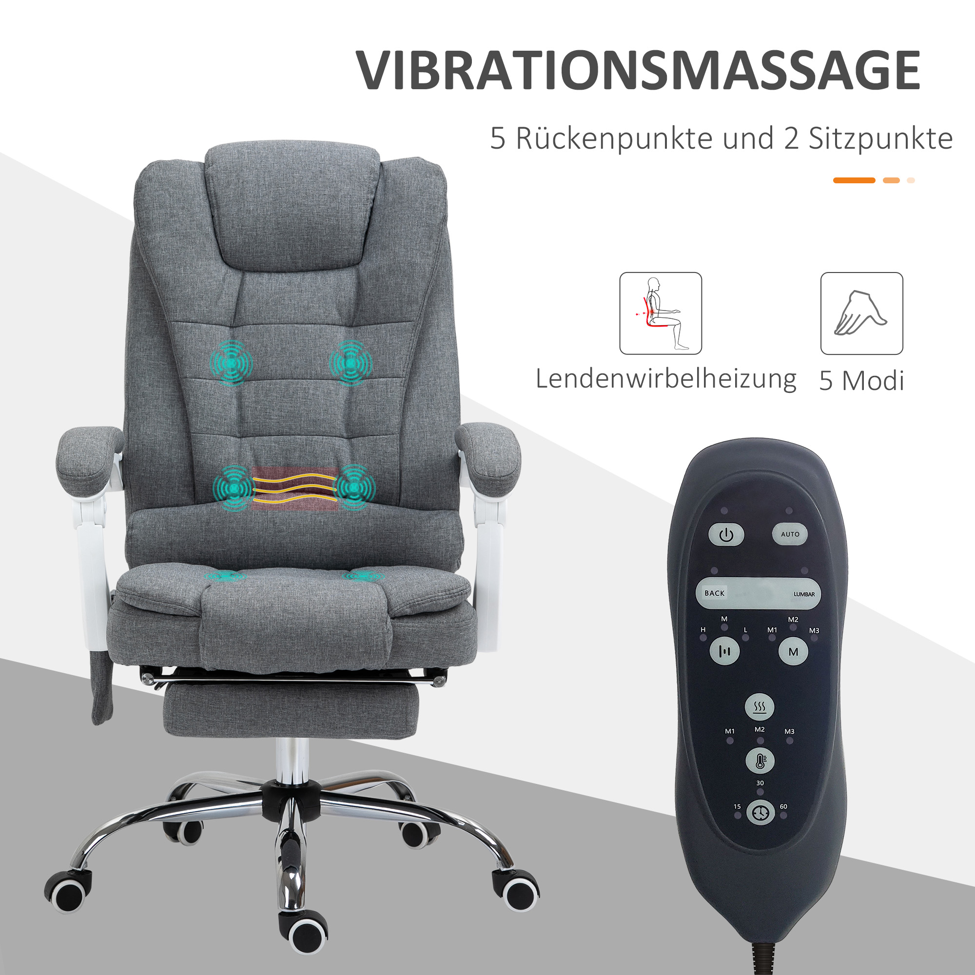 Bürostuhl mit Massage- und Heizfunktion, neigbare Rückenlehne, drehbar & höhenverstellbar, bis 120 kg, Grau