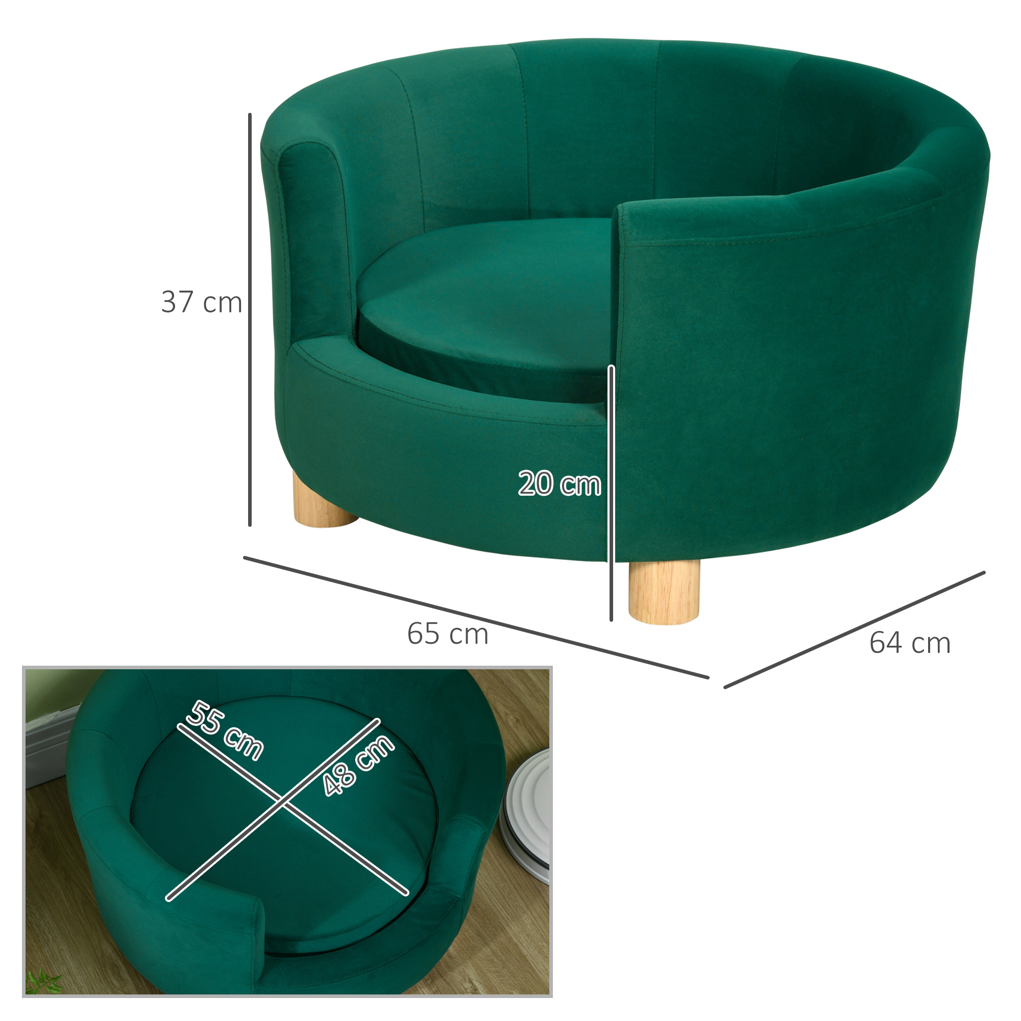 Hundesofa Hundecouch, Waschbarer Bezug, Haustiersofa mit Rückenlehne und Holzbeine, Katzensofa, für kleine Hunde unter 4,5 kg, Grün