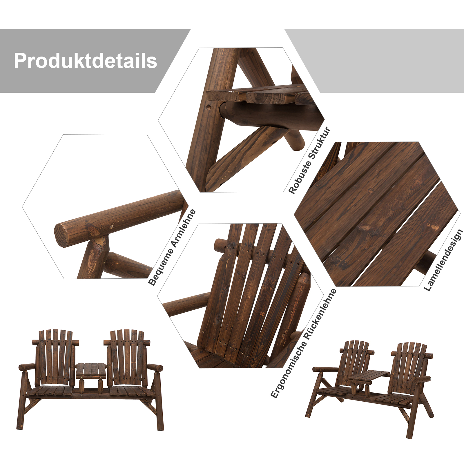 Gartenbank mit Tisch, Gartenmöbel, Sitzbank, 2 Stühle, Massivholz, Braun, 157 x 88 x 103 cm