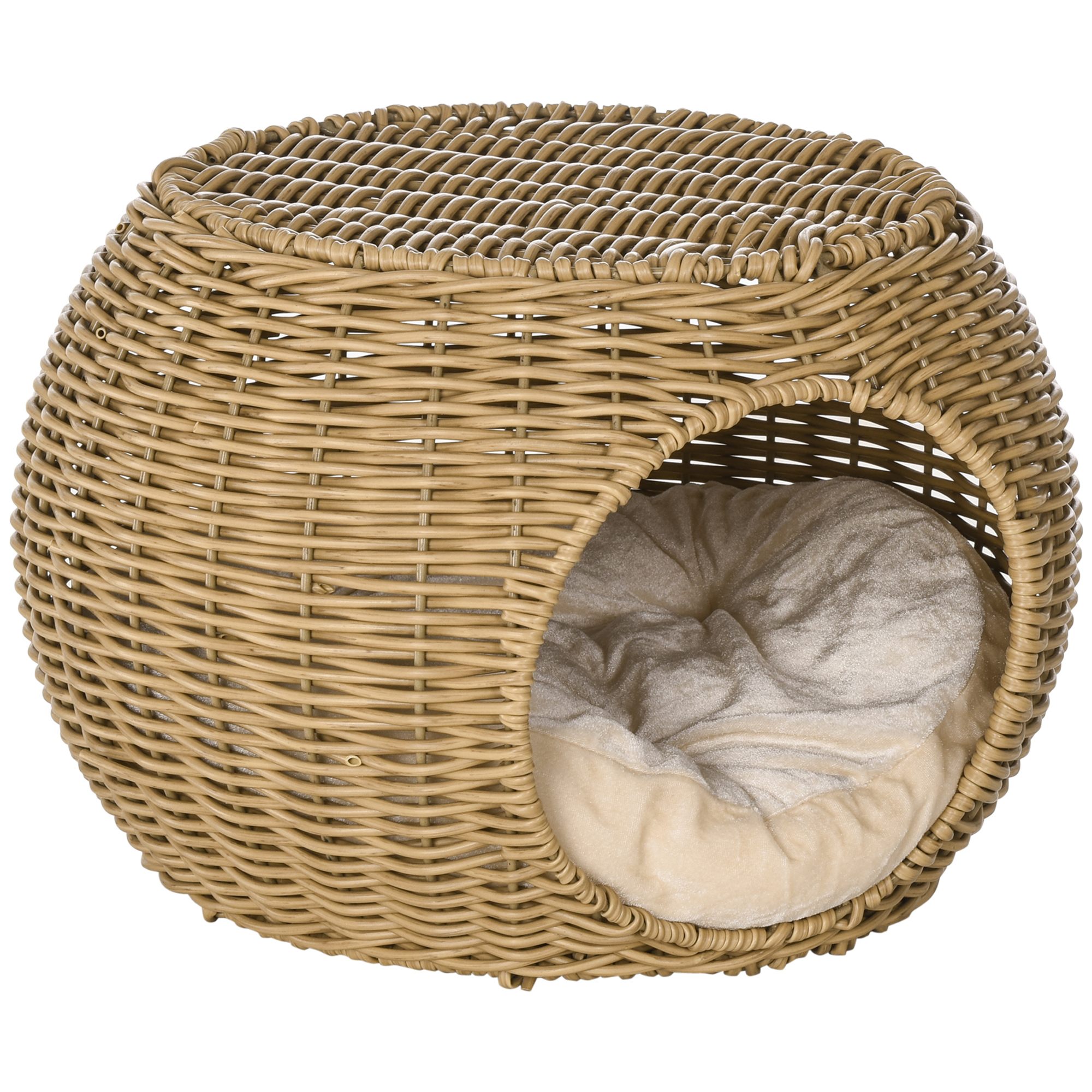 Katzenkorb Rattan zweistöckig Katzenbett Katzenkörbchen mit Kissen Vordertür  für Katze unter 3,5 kg Ø40 x 30 cm