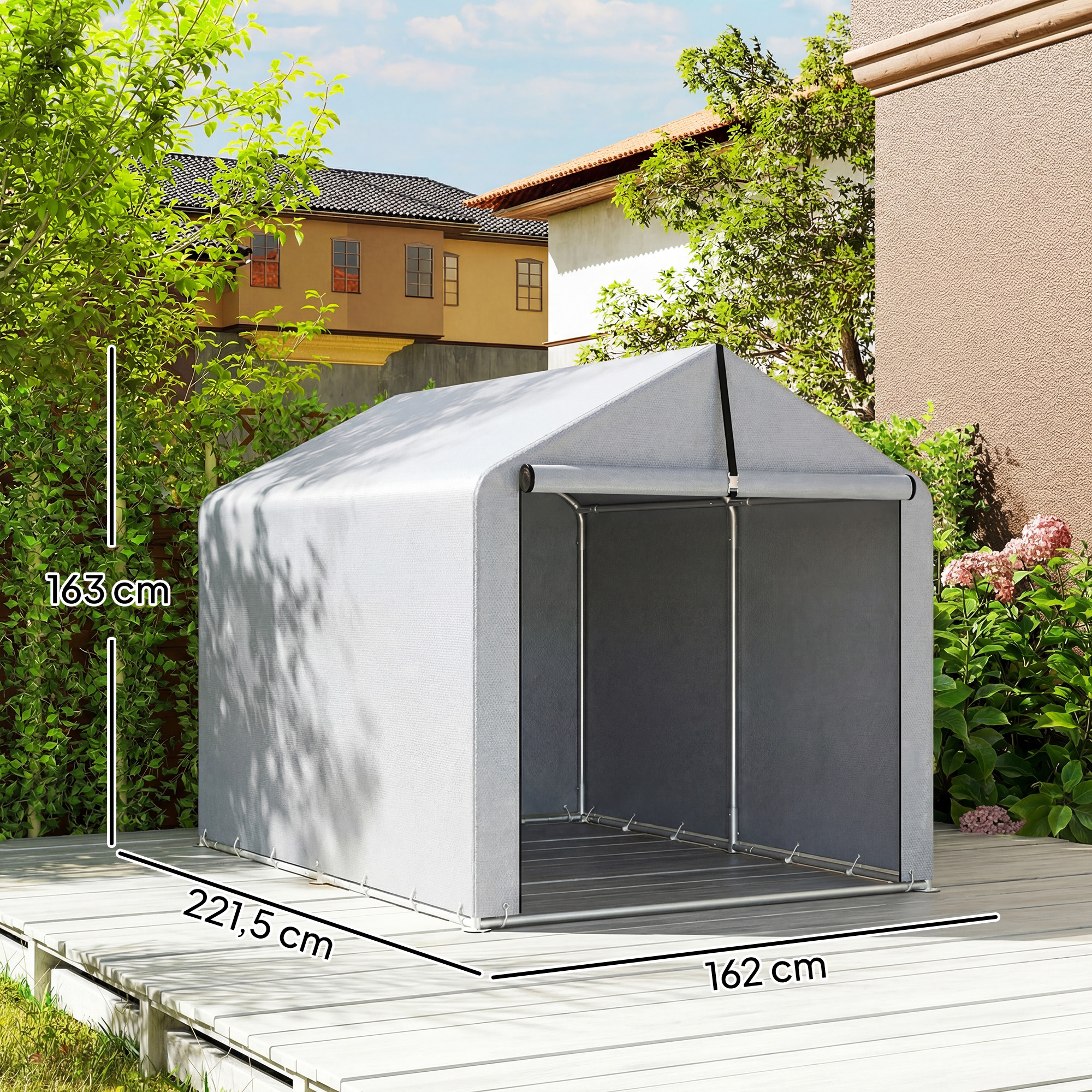 Garagenzelt 2,2 x 1,6 m Wasserdicht Gerätezelt mit Rolltür Satteldach Stahlrahmen, UV-beständig Hellgrau