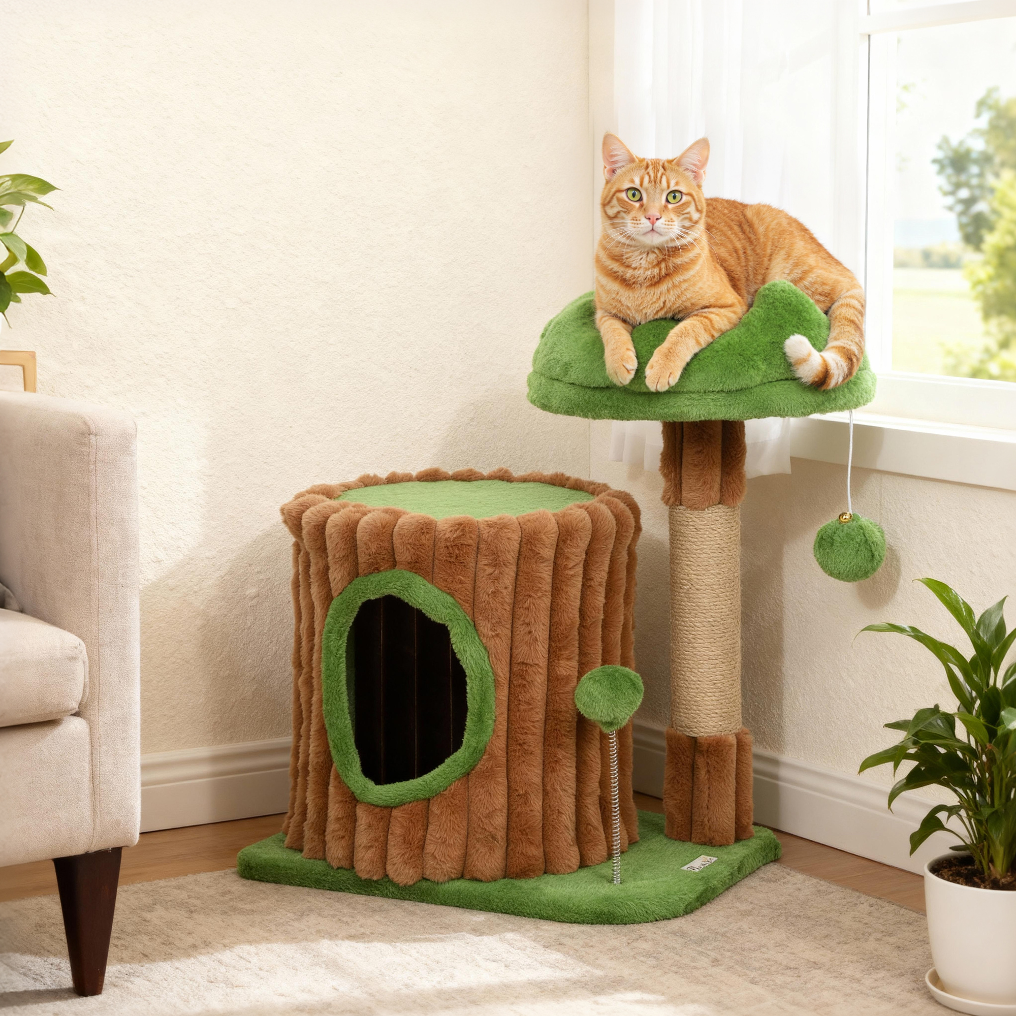 Kratzbaum 53 cm hoch Katzenbaum mit Höhle, Baumstamm-Design, Jutestämme, 2 Bälle  für 1-2 Katzen unter 5 kg, Braun+Grün