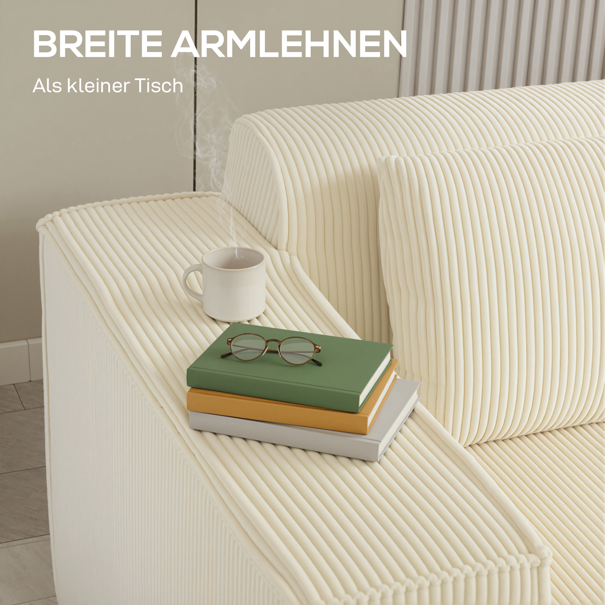 3-Sitzer-Sofa, weiche Schaumstoffstruktur, breite Armlehnen, 2 Kissen, Cordbezug, Beige