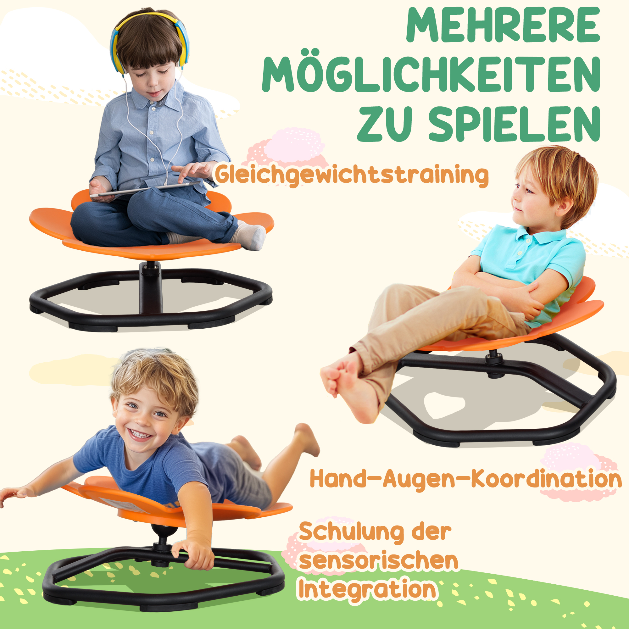 Sensorischer Kinderstuhl, Drehstuhl für Autismus, Sensorischer Balance Training Sitz Kunststoff Orange