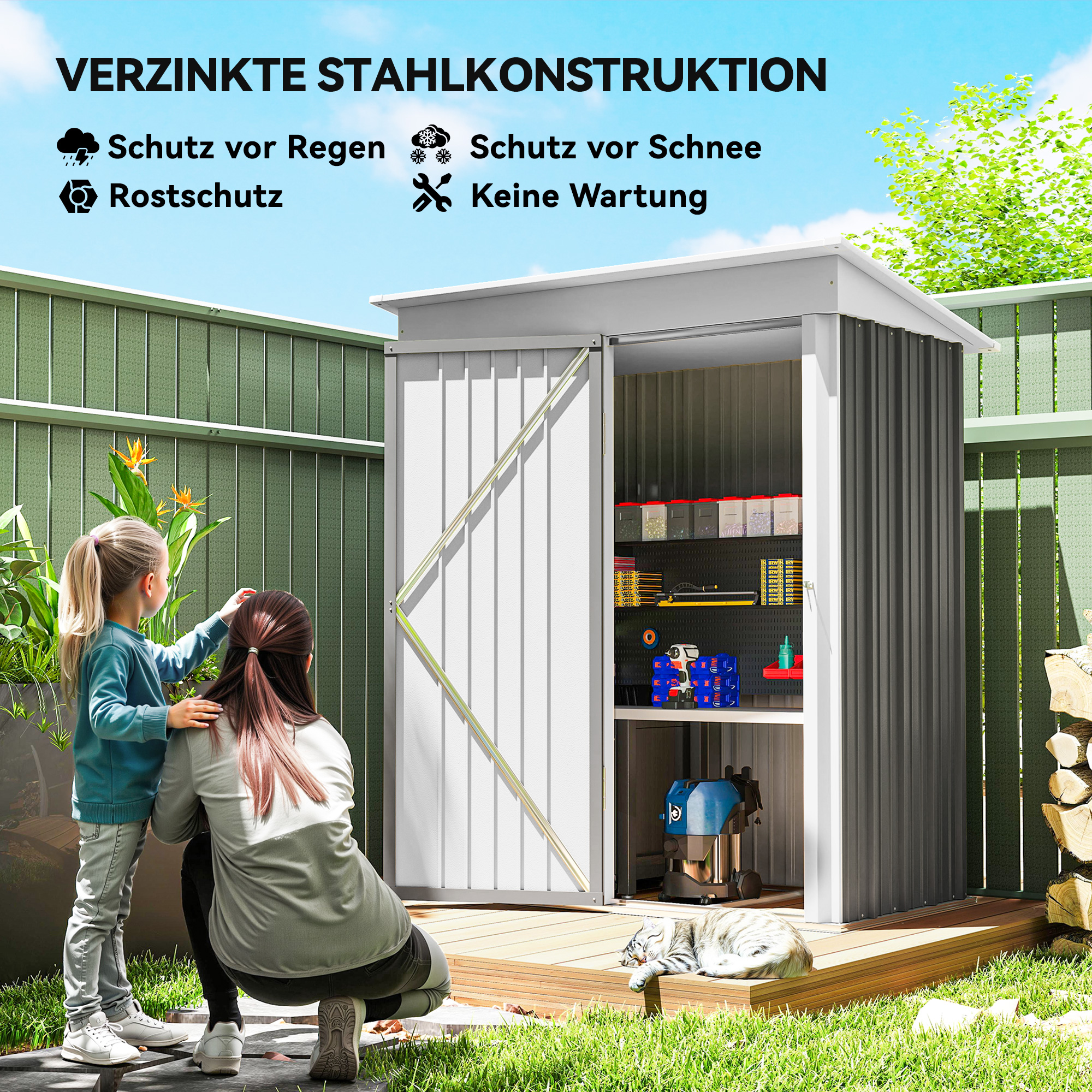 Gartenschuppen, Outdoor-Geräteschuppen aus Wellstahl, Wanddesign, verstellbare Regalböden, verschließbare Tür, Grau