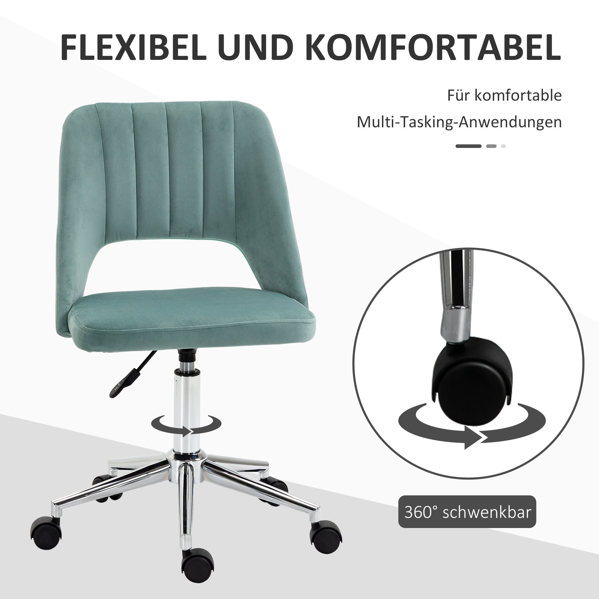 höhenverstellbarer Schreibtischstuhl mit Rollen, 360° drehbar, Jakobsmuschel-Form, Schaumstoff, 49 x 60 x 79-91 cm, Grün
