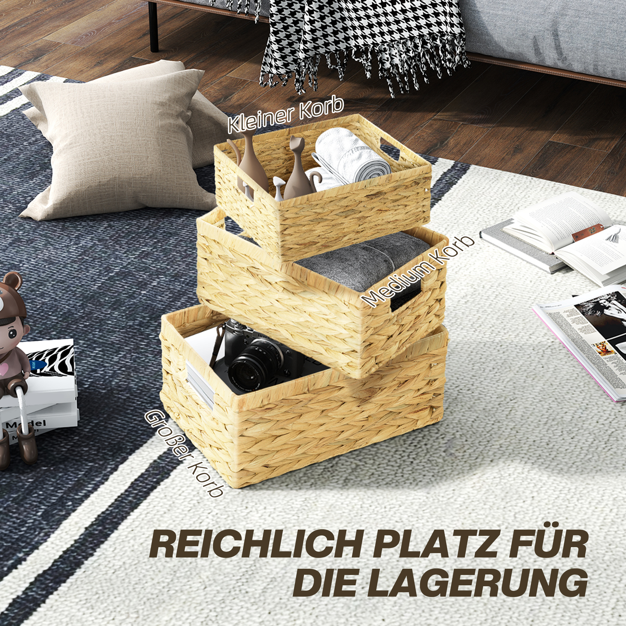 3er-Set Aufbewahrungskörbe mit Griffen und Metallgestell, für Regale, Schlafzimmer Wohnzimmer, Badezimmer, Naturton