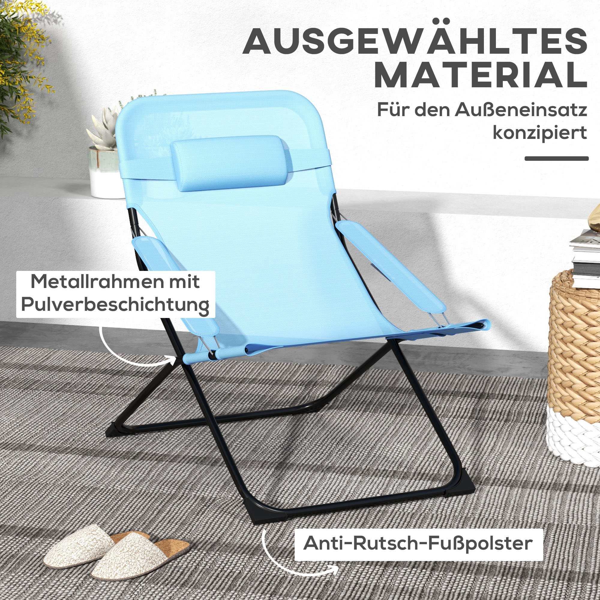 Klappstuhl, 4-stufig verstellbar, atmungsaktiv, Metallgestell, 69 x 91 x 96 cm, Schwarz/Blau