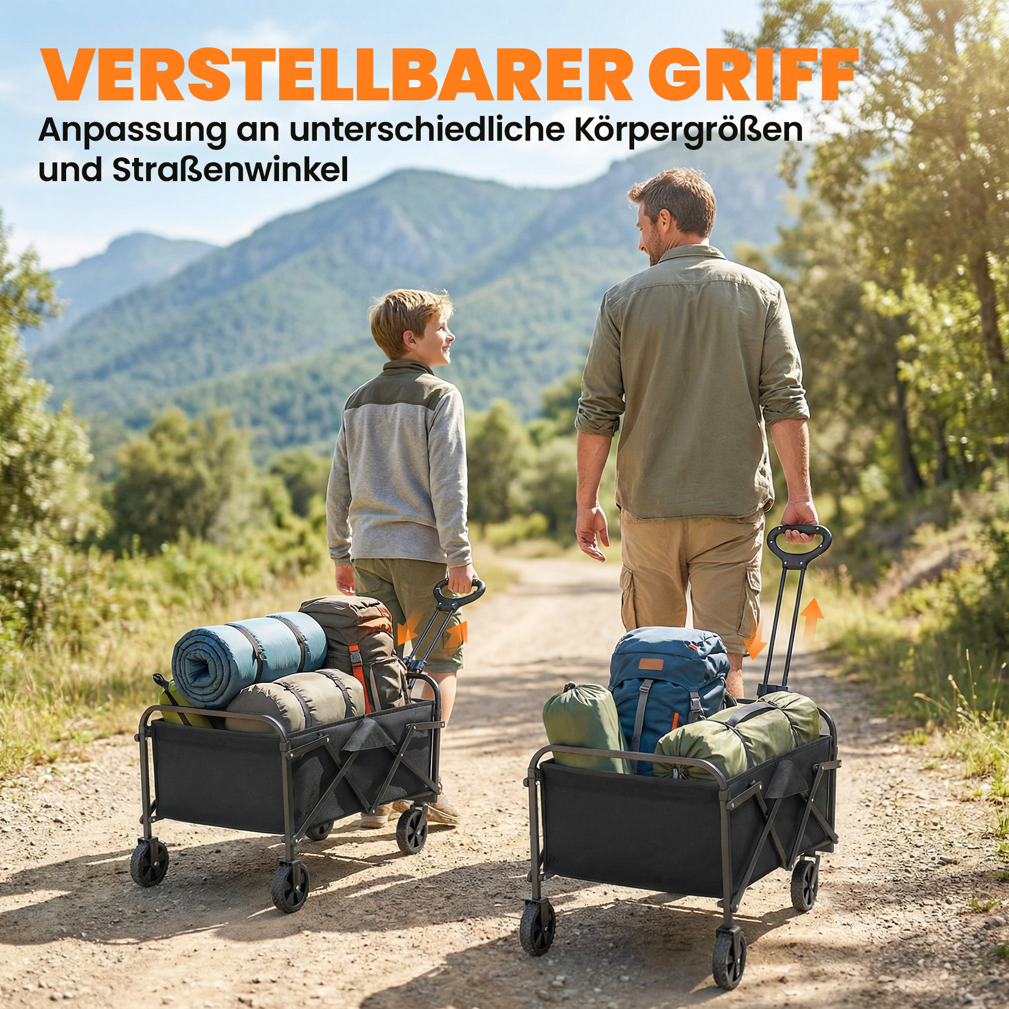 Bollerwagen faltbarer Handwagen mit Griff Verstellbarer Griffhöhe bis 68 kg Tragkraft für Sport Einkauf Camping Schwarz