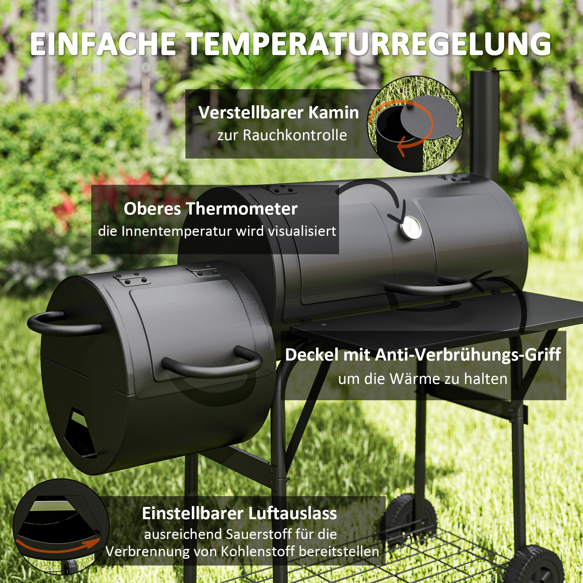 Holzkohlegrill aus Stahl BBQ Smoker mit Deckel Thermometer Räder Luftzufuhr Kohlewanne