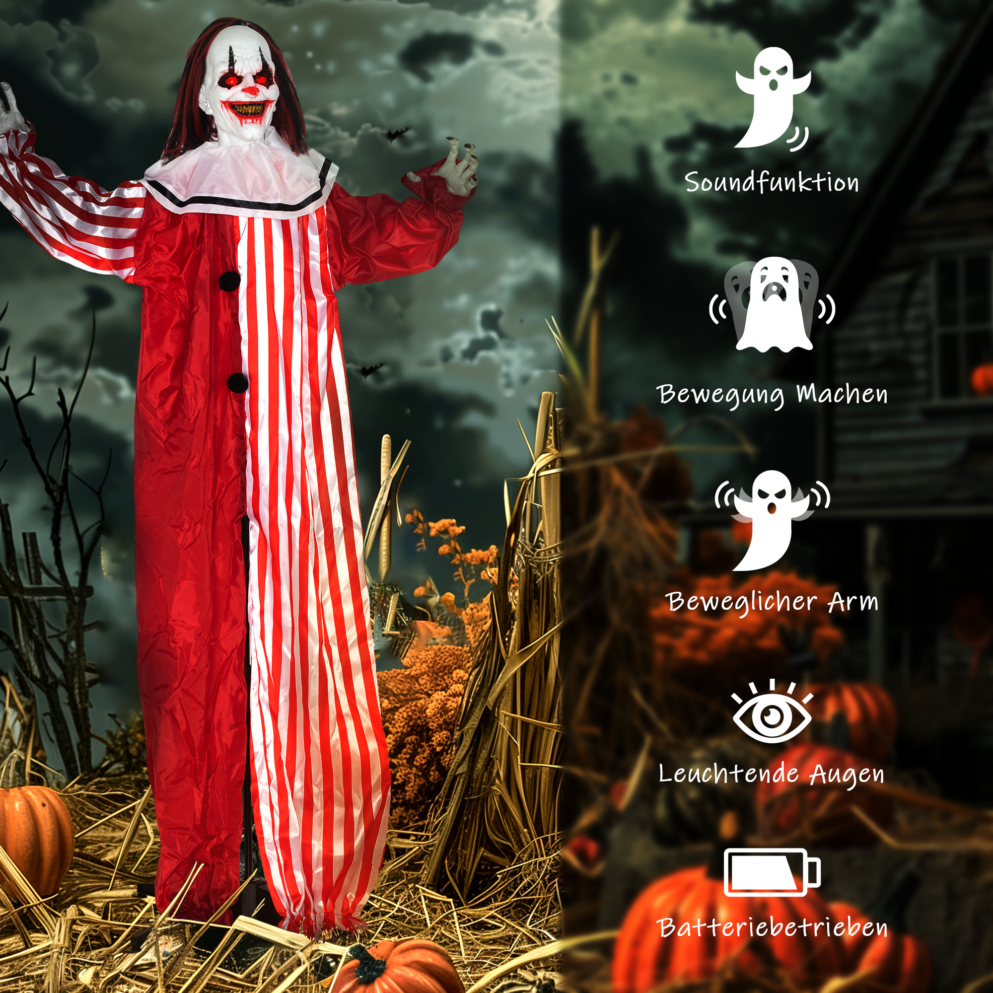 165 cm Halloween Dekoration Halloween Clown mit LED-Lichter, Soundfunktion Körper-Effekt