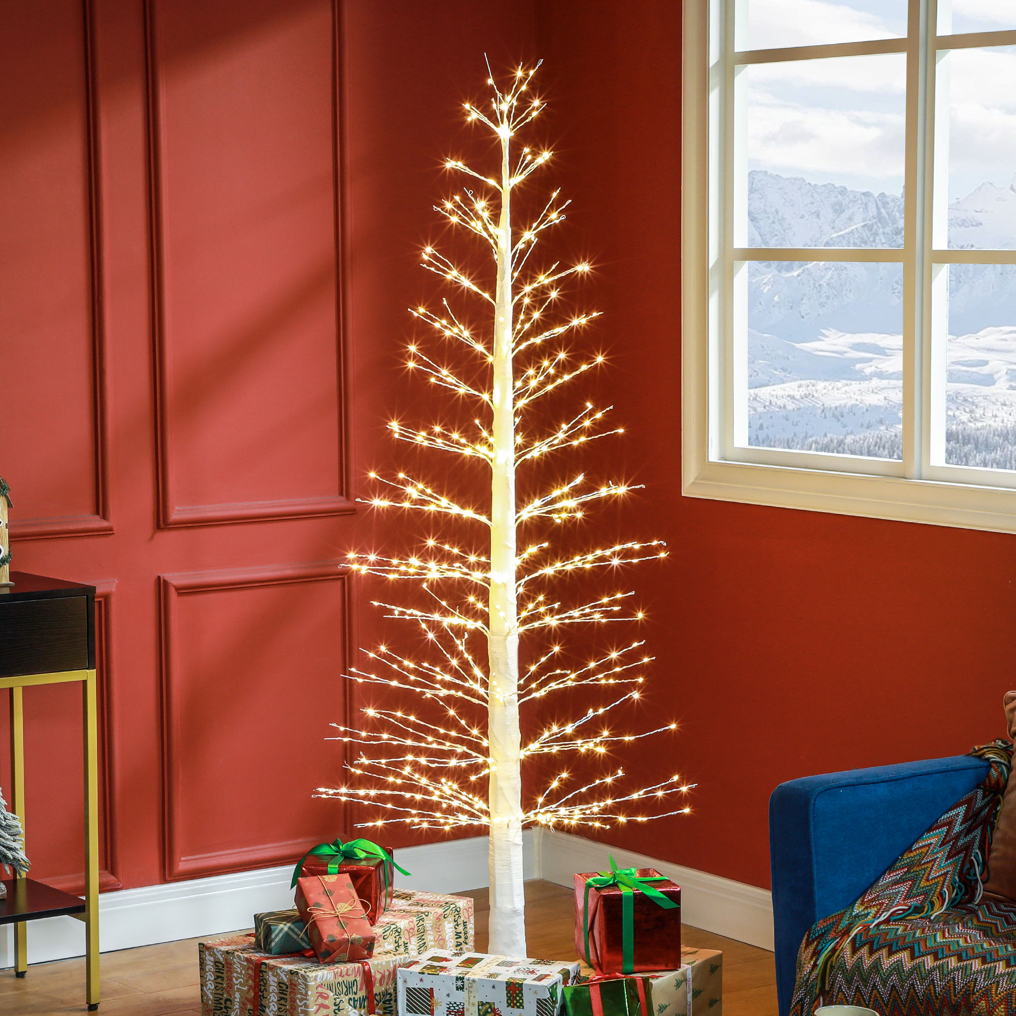 Kunsttanne mit LED-Beleuchtung, 180 cm hoher Weihnachtsbaum, realistische Rinde, Weiß