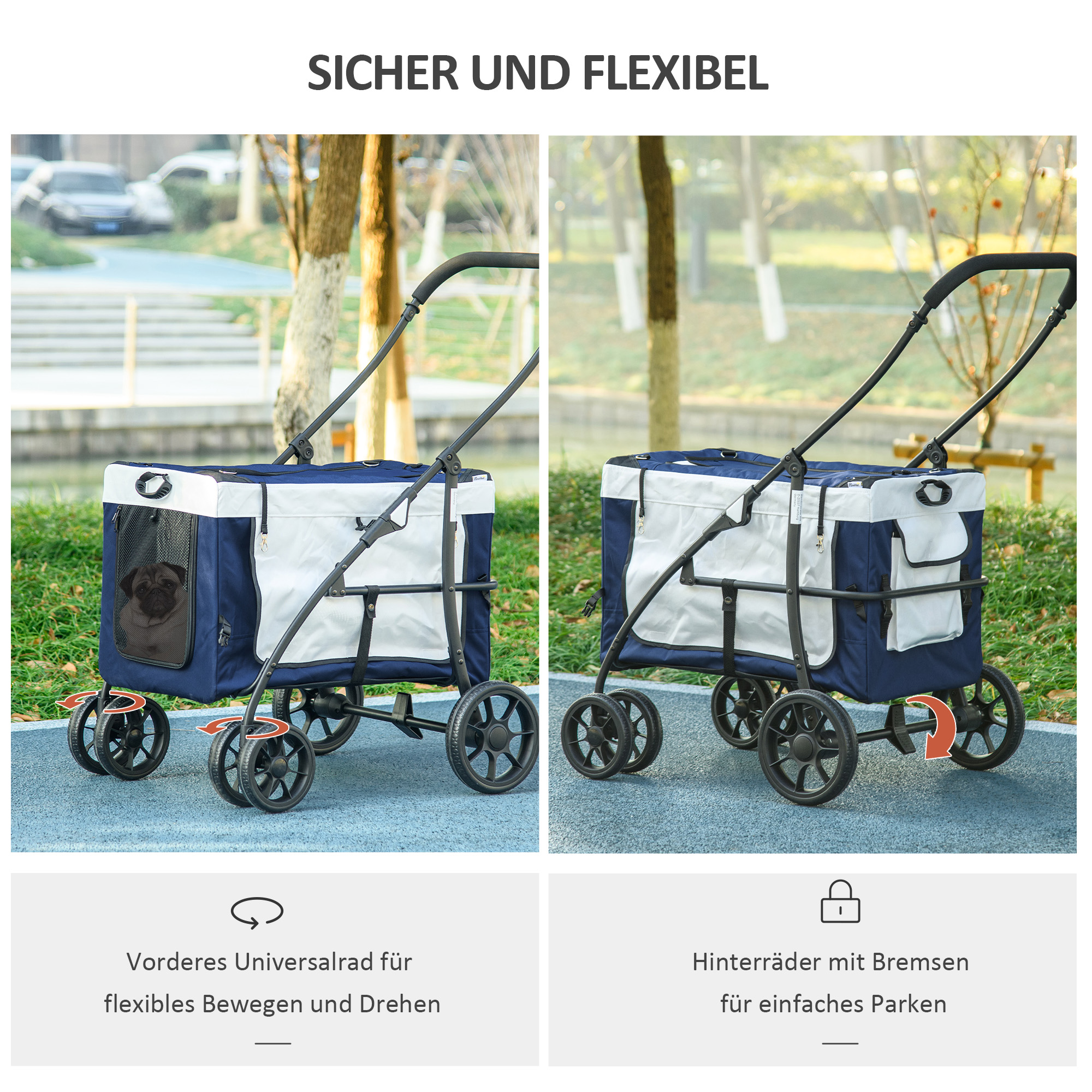 Hundbuggy Haustierbuggy Haustiertransporter bis 10kg klappbar verstellbare Trageriemen abnehmbarer Korb 81 x 58 x 97,5 cm Schwarz + Blau + Weiß