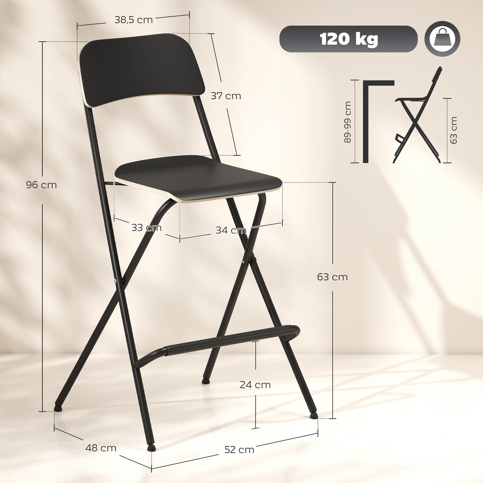 2er-Set Barhocker, klappbare Barstühle mit Stahlrahmen, für Küche, Esszimmer, Schwarz