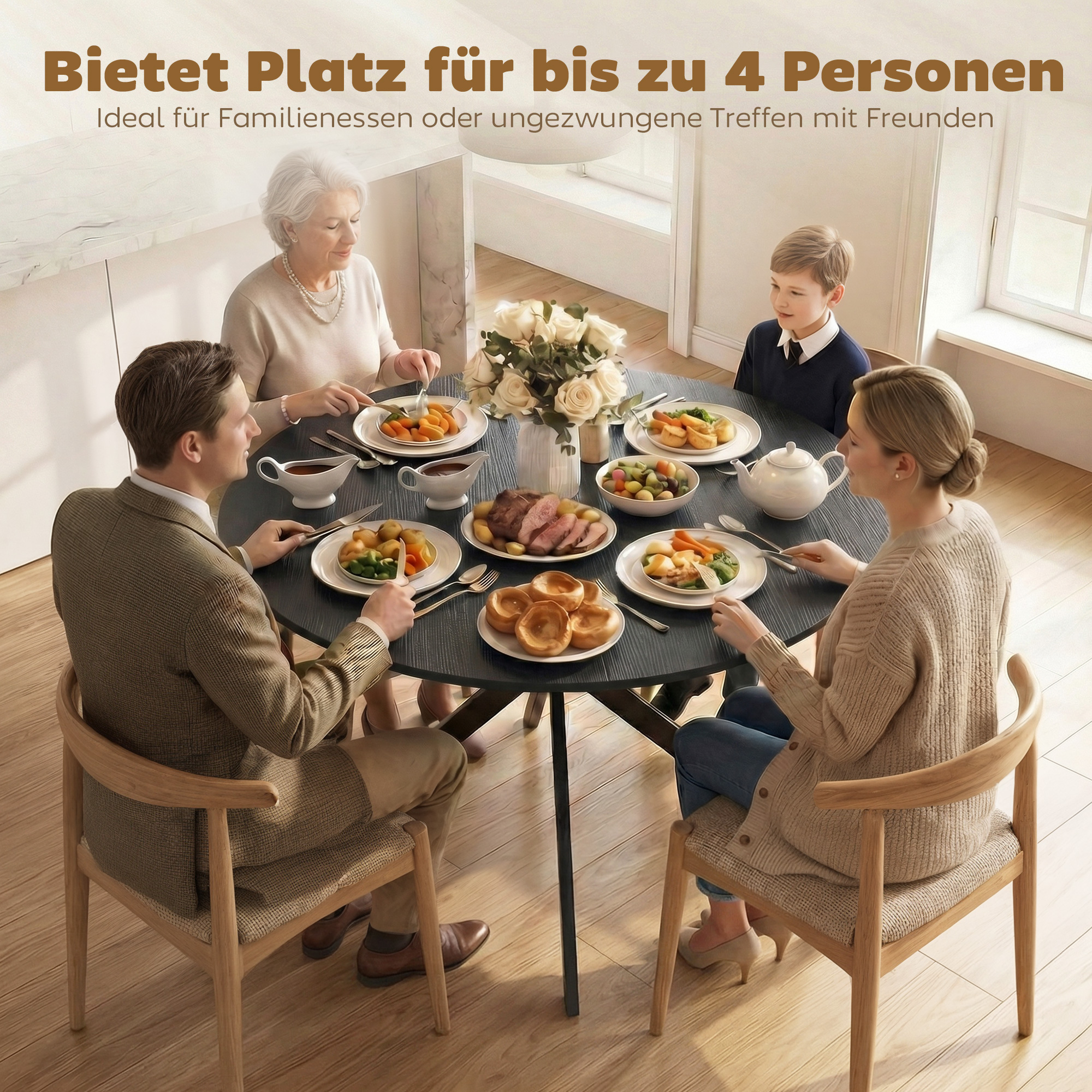 runder Esstisch für 4 Personen, Küchentisch im Industriestil mit Stahlbeinen, für Esszimmer, Küche, Schwarz