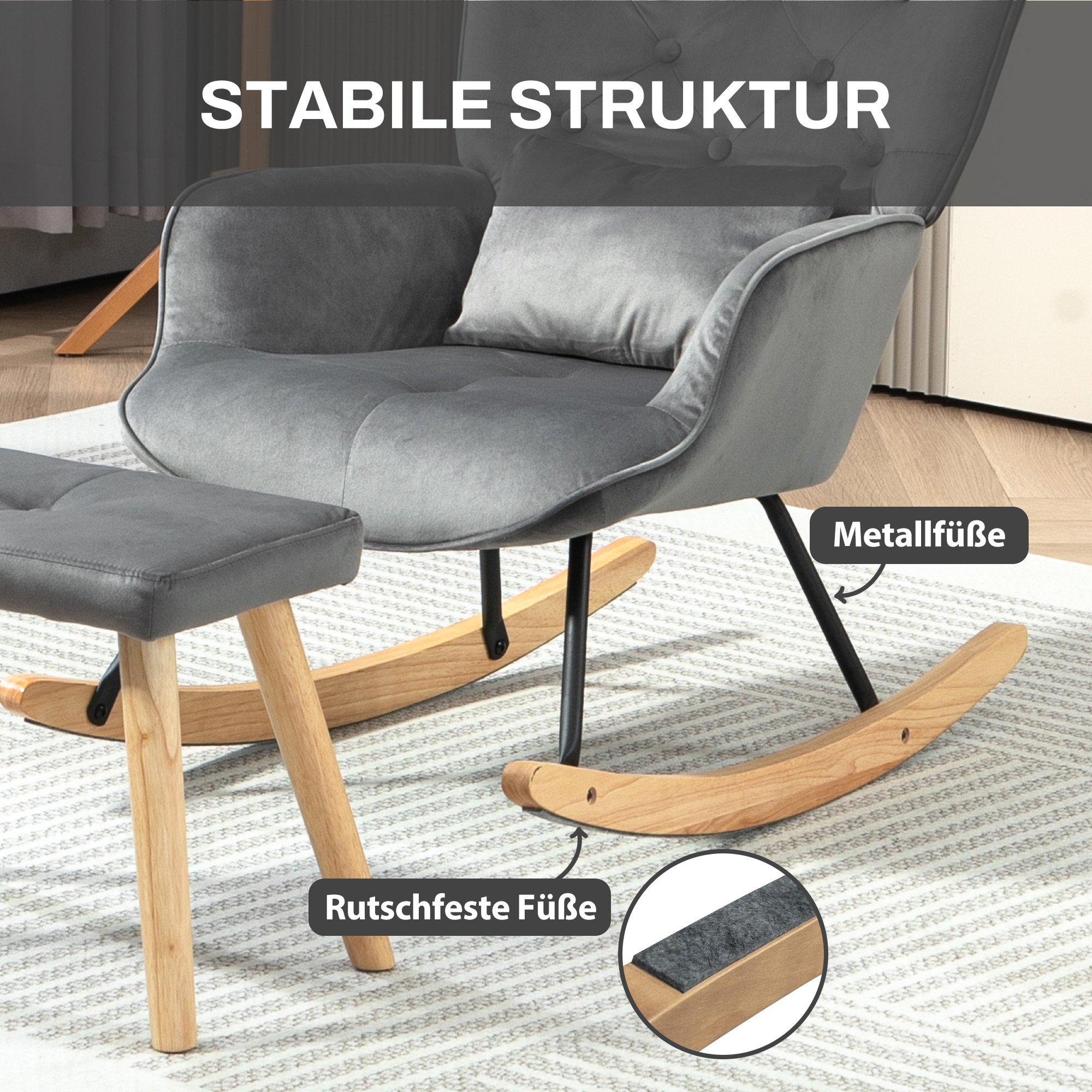 Akzentsessel mit Hocker, gepolstert, hohe Rückenlehne, Samtoptik, bis 150 kg, Dunkelgrau