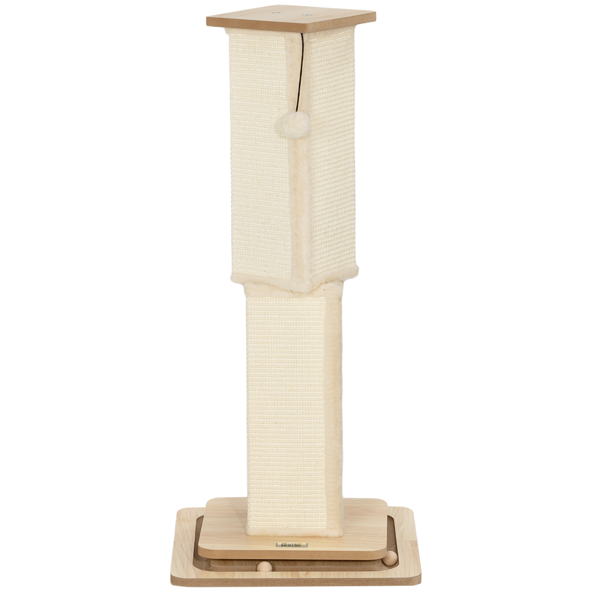 3-in-1-Kratzbaum mit Spielschiene, Spielball, Sisal, bis 10 kg, 39,5 x 39,5 x 87 cm, Eiche/Creme