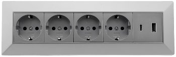 4-fach Steckdosenblock, USB-A+C, silber / 250V~/ 16A, Aufbaumontage, USB 3,1A, PD