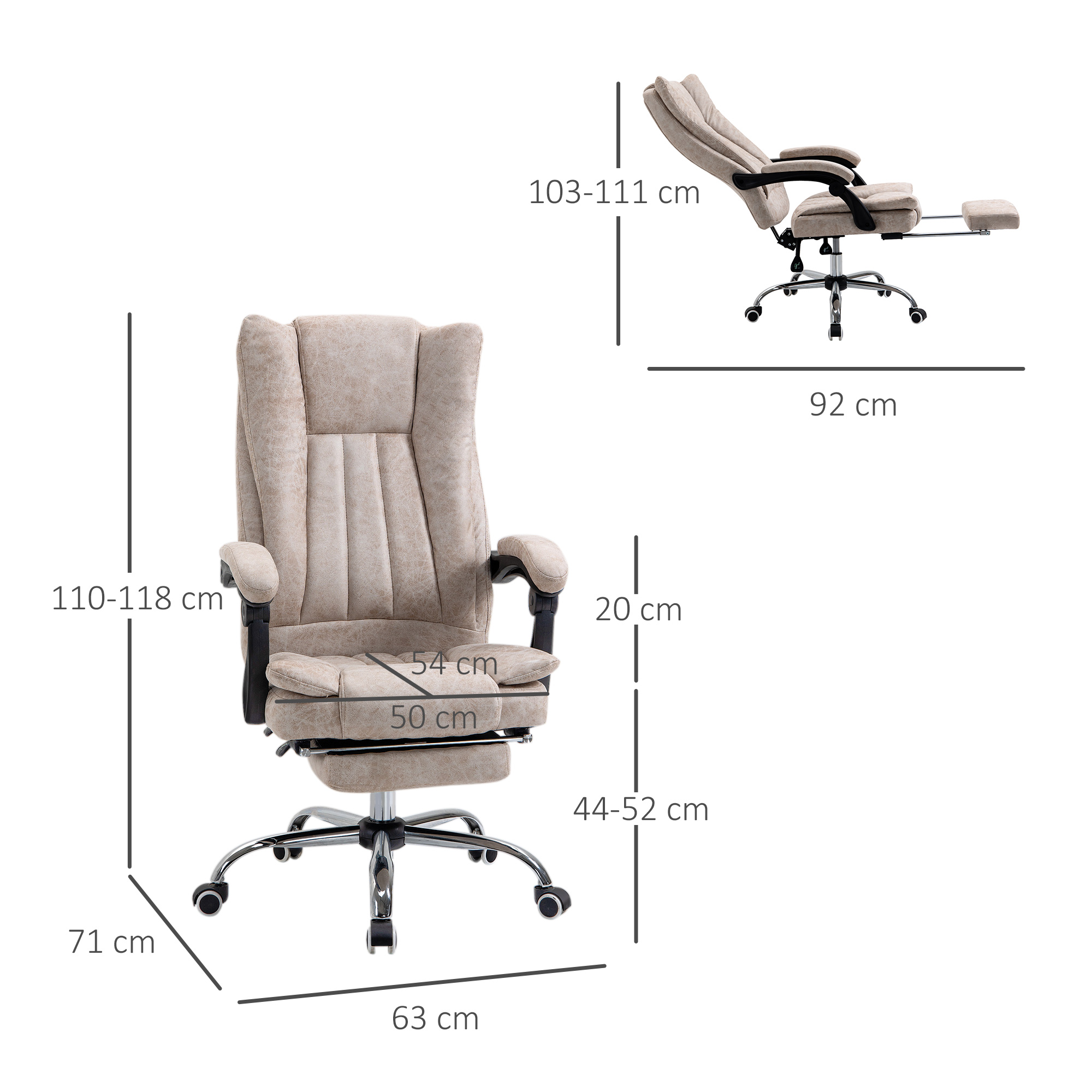 Bürostuhl Drehstuhl mit Liegefunktion Fußstütze Bürosessel Sitzhöhenverstellung Stuhl Schreibtischstuhl Mikrofaser Kunststoff Metall Nylon Beige+Schwarz+Silber 63 x 71 x 110-118 cm