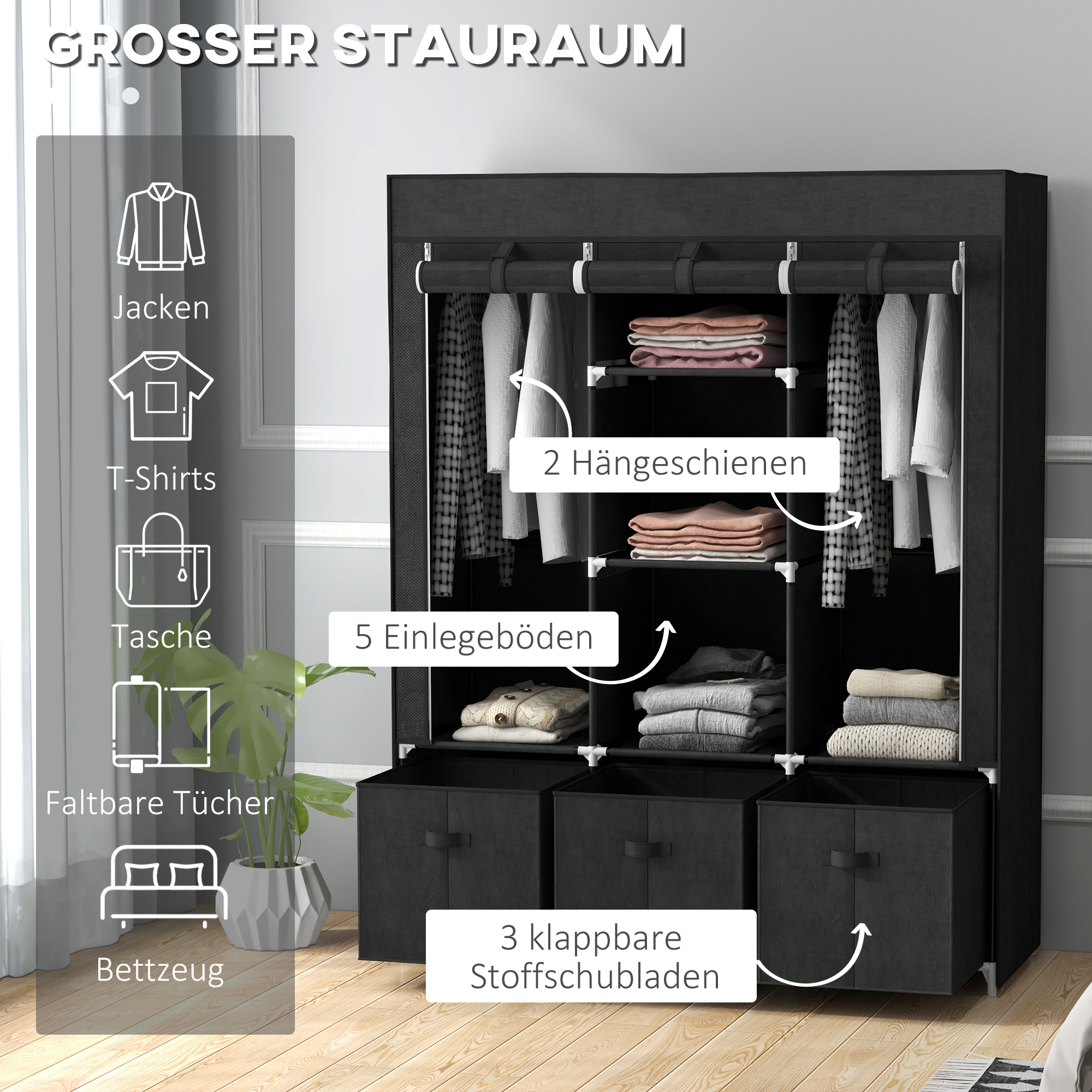 Stoffschrank aus Vlies, Faltschrank, inkl, 3 Schubladen, 125 cm x 43 cm x 162,5 cm, Schwarz