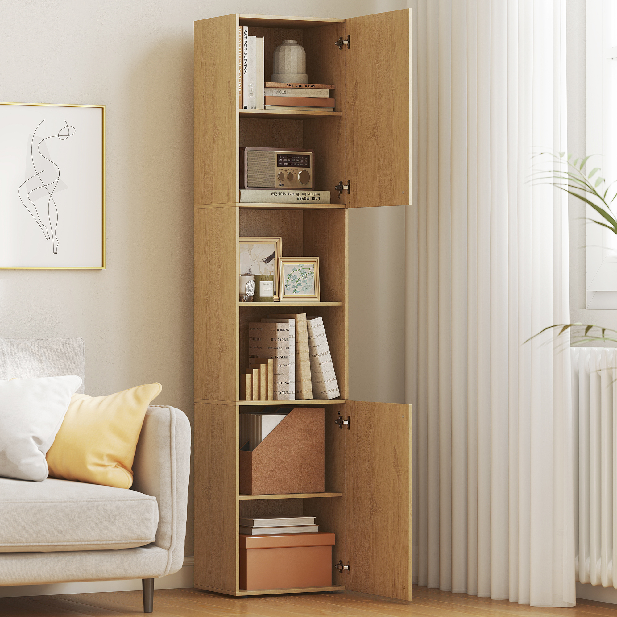 hoher Badezimmerschrank, 6 Ebenen, 2 Schränke, 2 offene Regale, offene Fächer, Holz, Eichenfarben