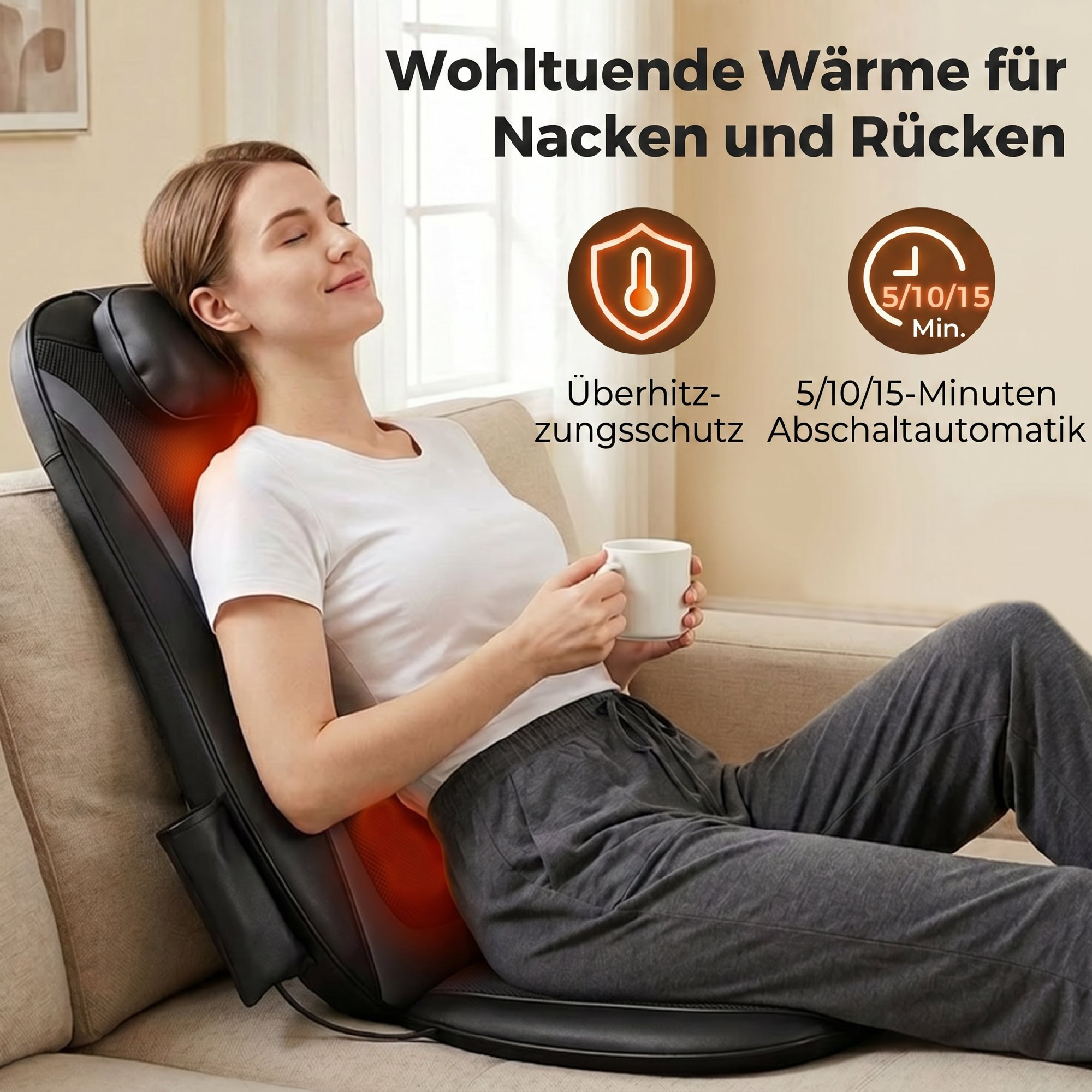Shiatsu-Rückenmassager mit Wärme, Tiefenmassage und 3-stufiger Sitzvibration, Massagegerät für Rückenschmerzen