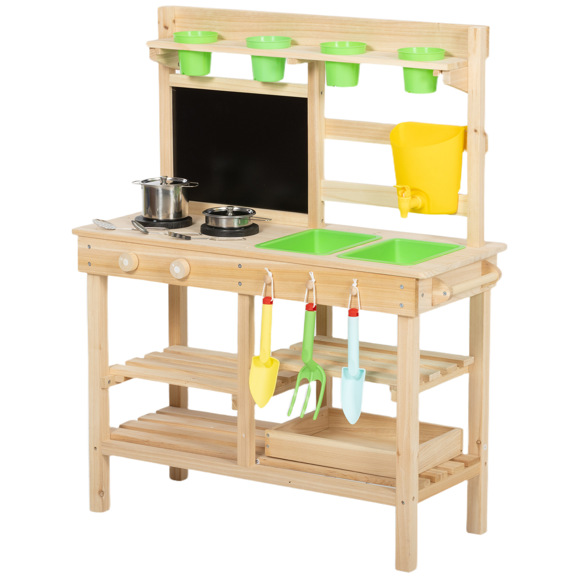 Matschküche Kinder Outdoor, Spielküche aus Holz mit Spüle Herd Pflanztöpfen Tafel für 3-6 Jahre 77x32x95 cm Naturholz