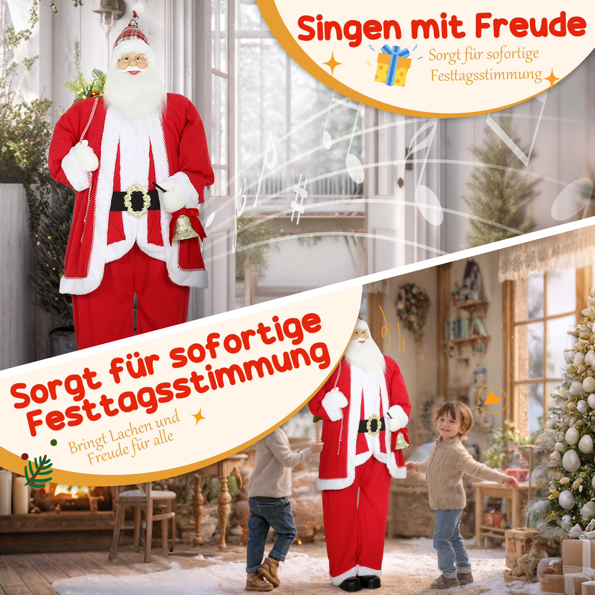 Weihnachtsmann 1,6 m stehende Weihnachtsmann mit Geschenk- und Weihnachtsglocken Soundfunktion