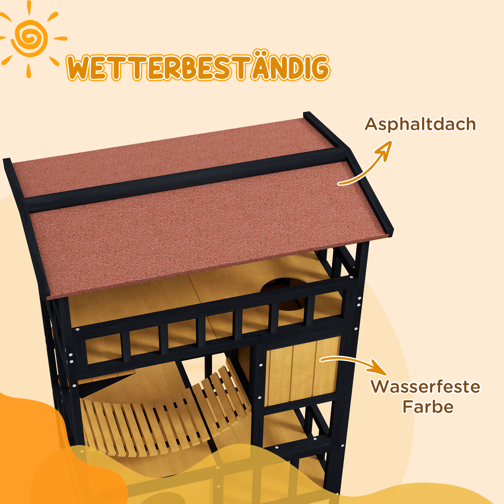 Katzenhaus, Katzenparadies mit Plattformen, Hängebrücke und Katzenhöhlen, für bis zu 2 Katzen geeignet, Holz