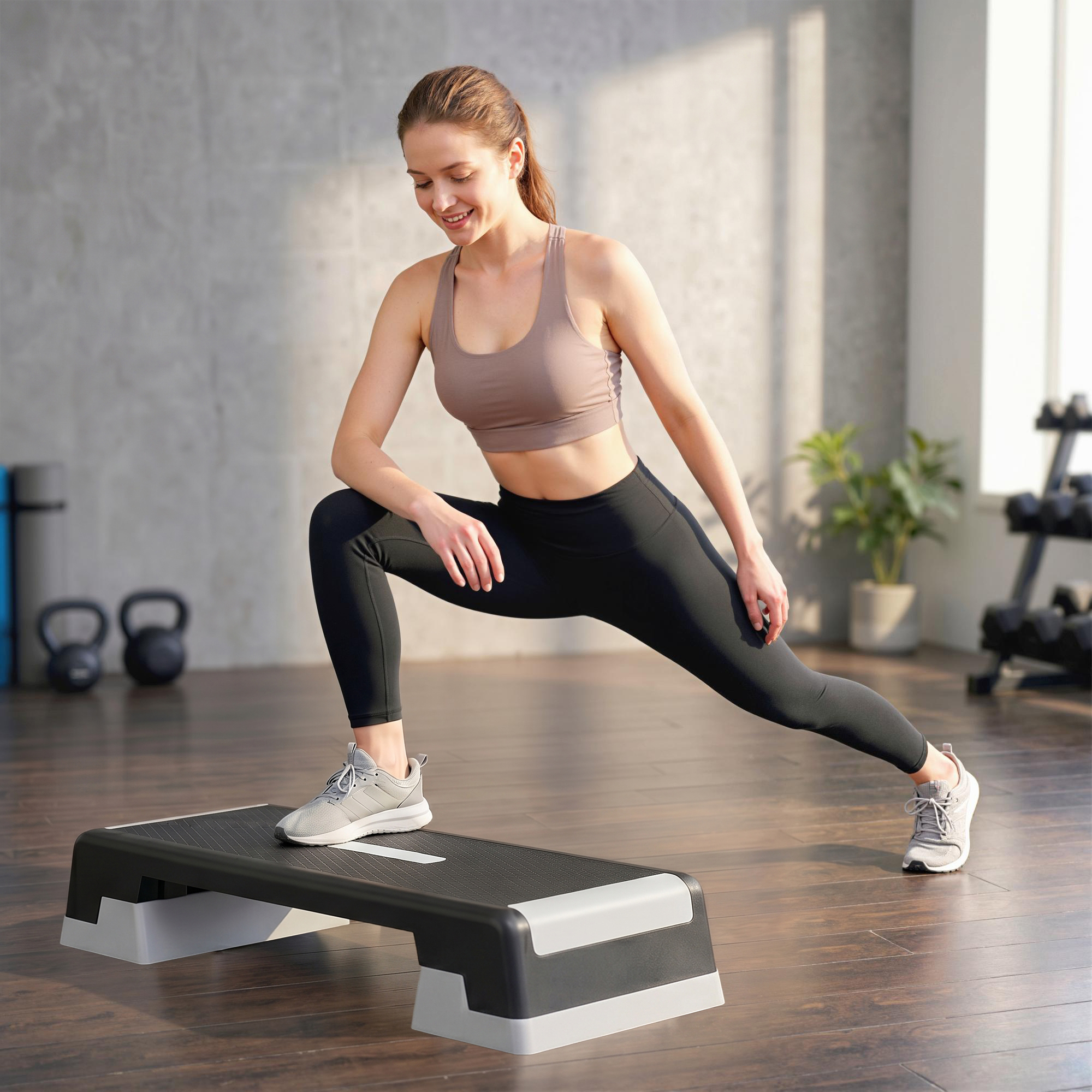Steppbrett höhenverstellbar Fitness Aerobic Stepper mit 3 Stufen (15/20/25 cm), Anti-Rutsch-Matte Schwarz+Grau