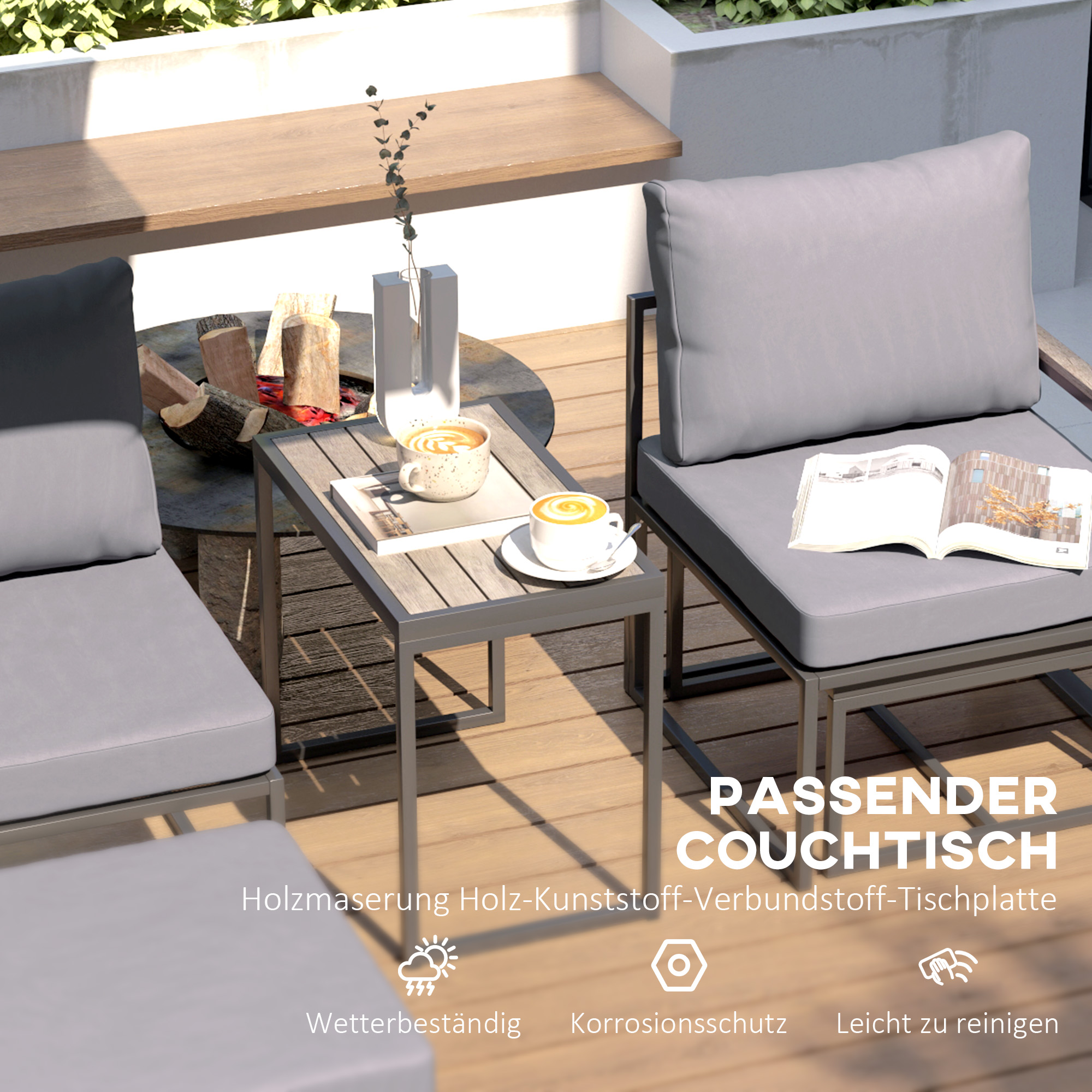 Stahl Gartenmöbel Set 2 Personen wetterfest Balkonmöbel-Set mit 2 Sessel Sitzkissen Beistelltisch Grau