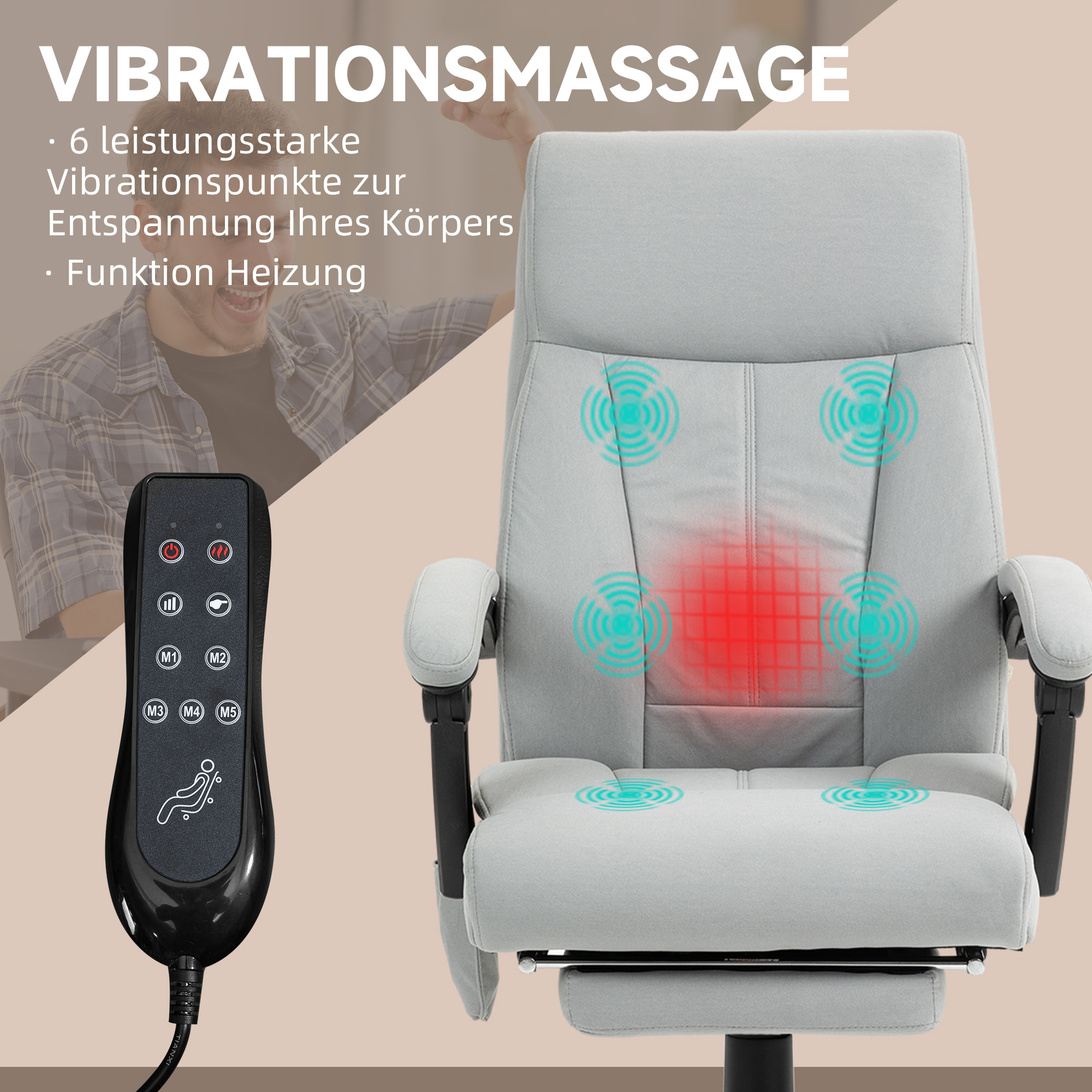Bürostuhl mit Massagefunktion & Heizfunktion, Fußstütze, bis 120 kg, Grau
