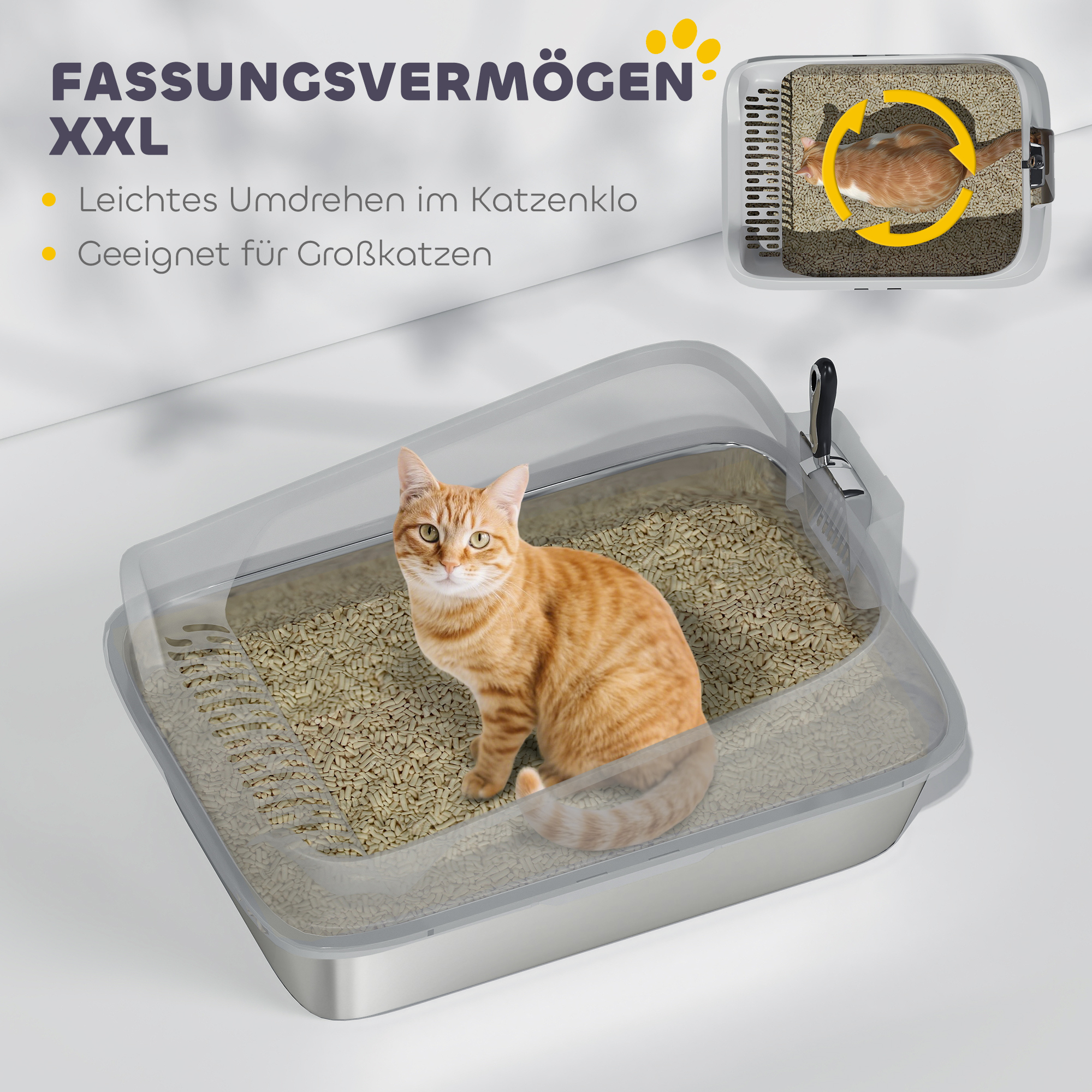 Katzentoilette Edelstahl Offene Katzenklo mit Schaufel hohem Rand für große Katzen bis 12 kg 69,8 x 50,3 x 29,8 cm Grau
