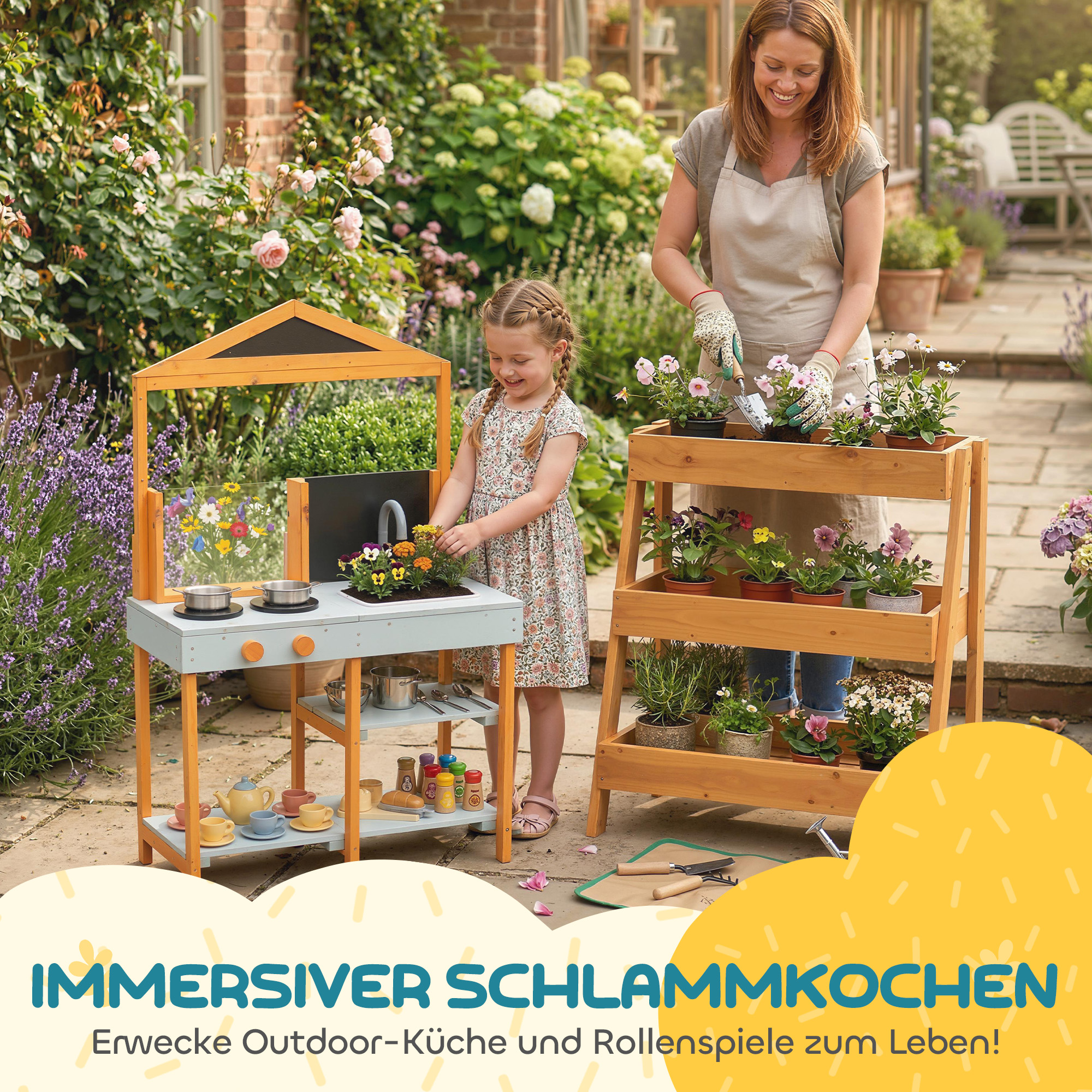 Matschküche Kinder Outdoor Spielküche Holz mit Herd Abnehmbarer Spüle Regalen für Kinder von 3-8 Jahren, Hellblau