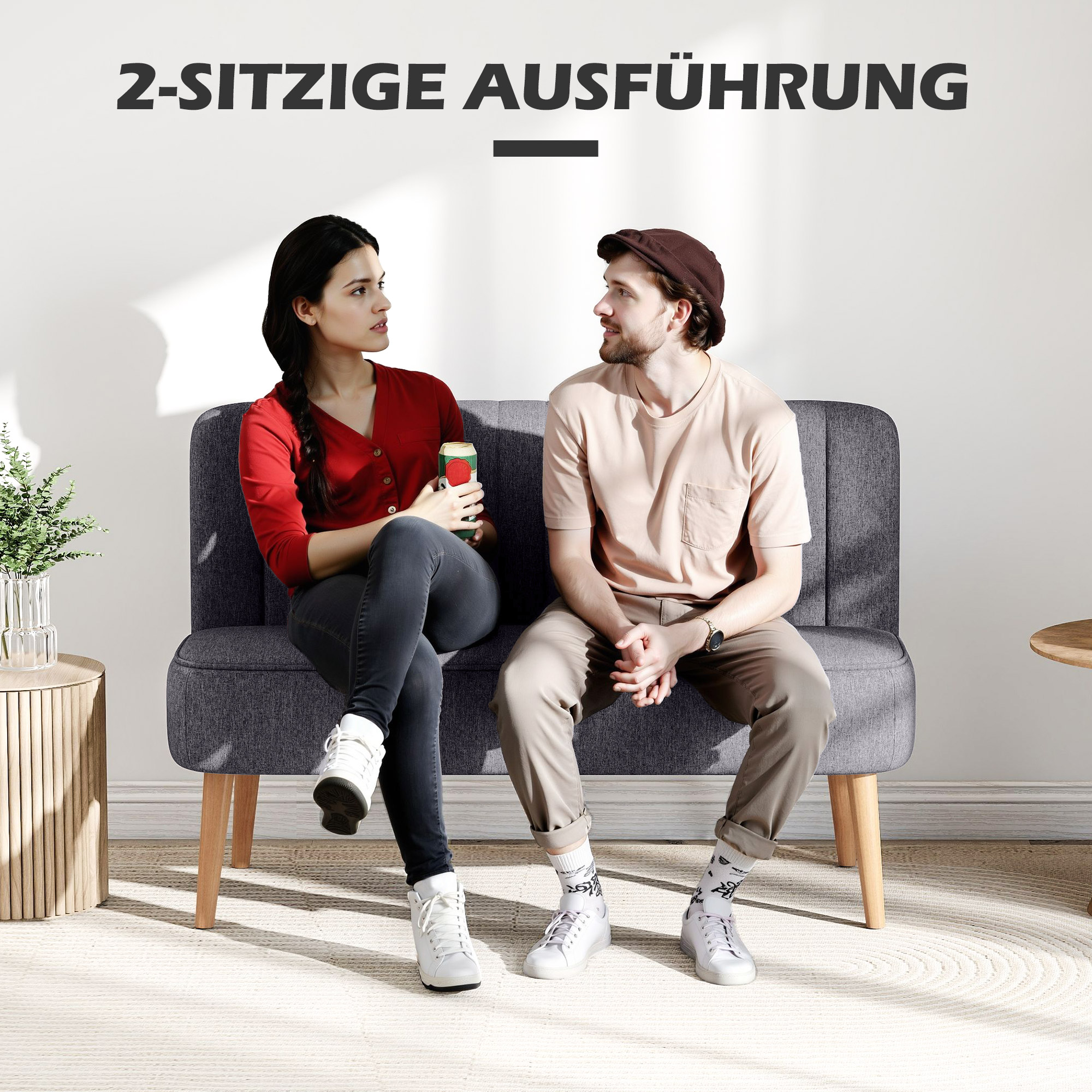 2-Sitzer Sofa, weiche Polsterung, pflegeleichter Bezug, bis 220 kg, 117 x 56,5 x 77 cm, Dunkelgrau