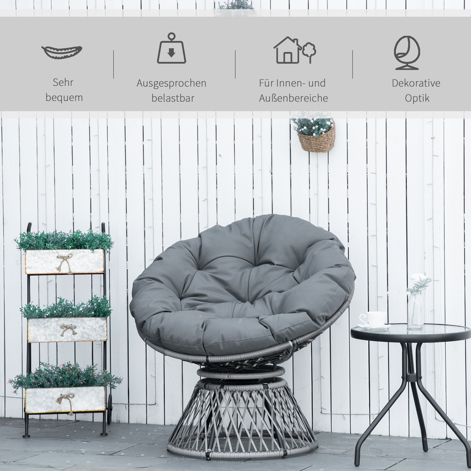 Papasansessel Korbsessel Sessel mit Polster 360 Grad Rattan Grau B87 x T97 x H86 cm