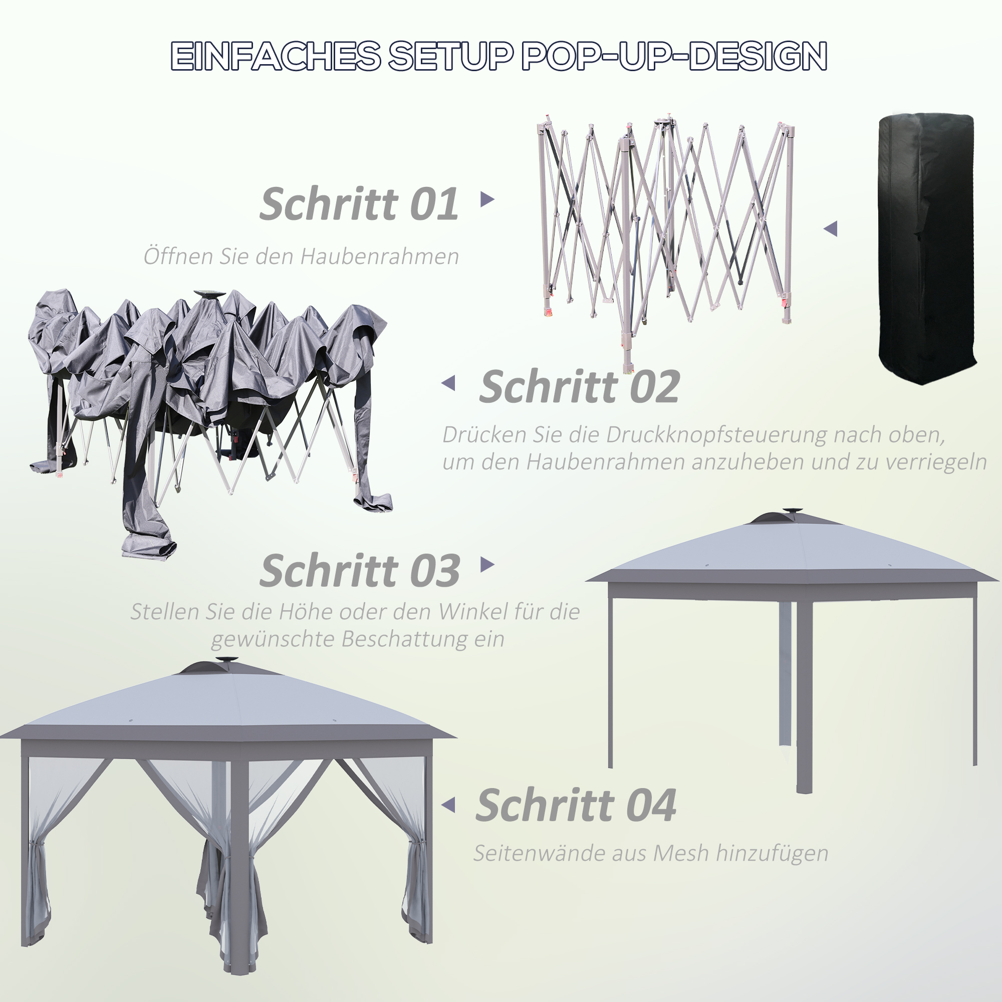 3,3 x 3,3 m Faltpavillon mit LED-Beleuchtung, Meshvorhänge, Tragetasche, Grau