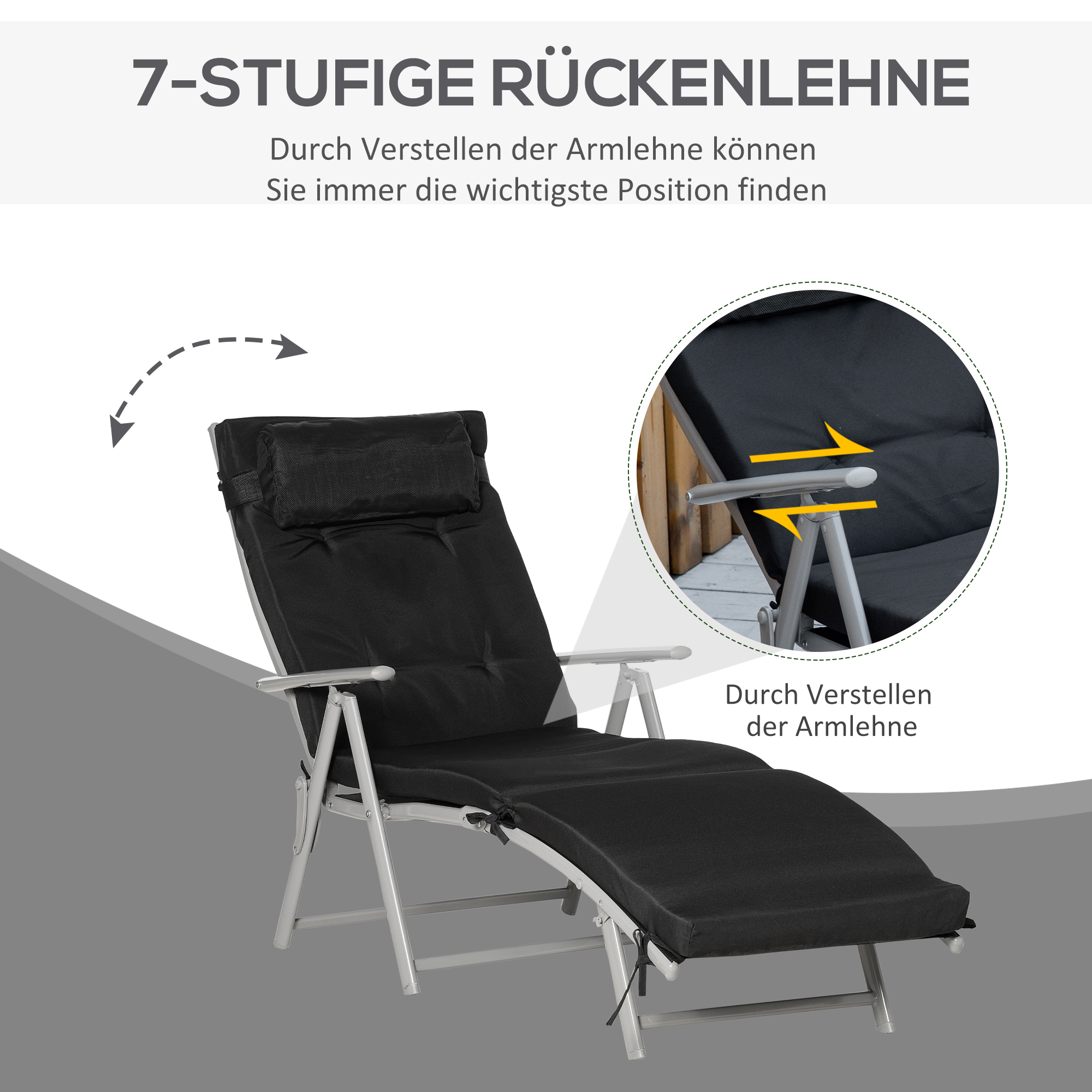 Sonnenliege klappbar Strandliege mit Kopfkissen Sitzkissen Liegestuhl mit 7-Fach verstellbare Rückenlehne Gartenliege Relaxliege bis 165 kg belastbar, für Garten Urlaub Outdoor, Schwarz