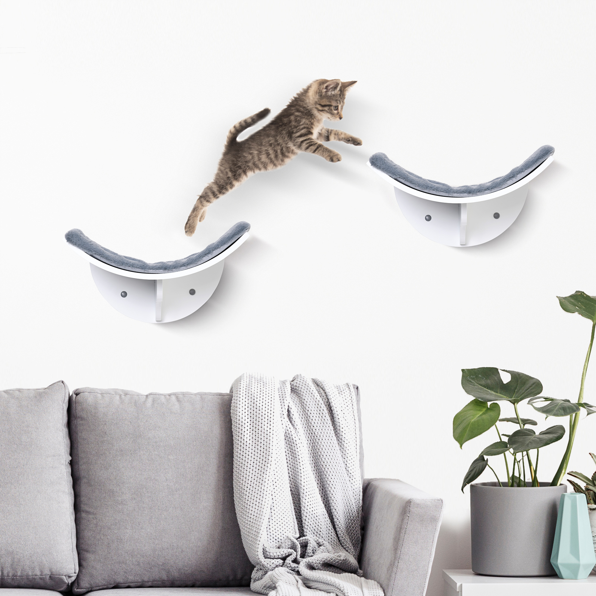 Katzenliege Katzen Wandliege Katzenbett Katzenregal Wandmontage Plüschauflage Grau 41 x 28 x 21 cm