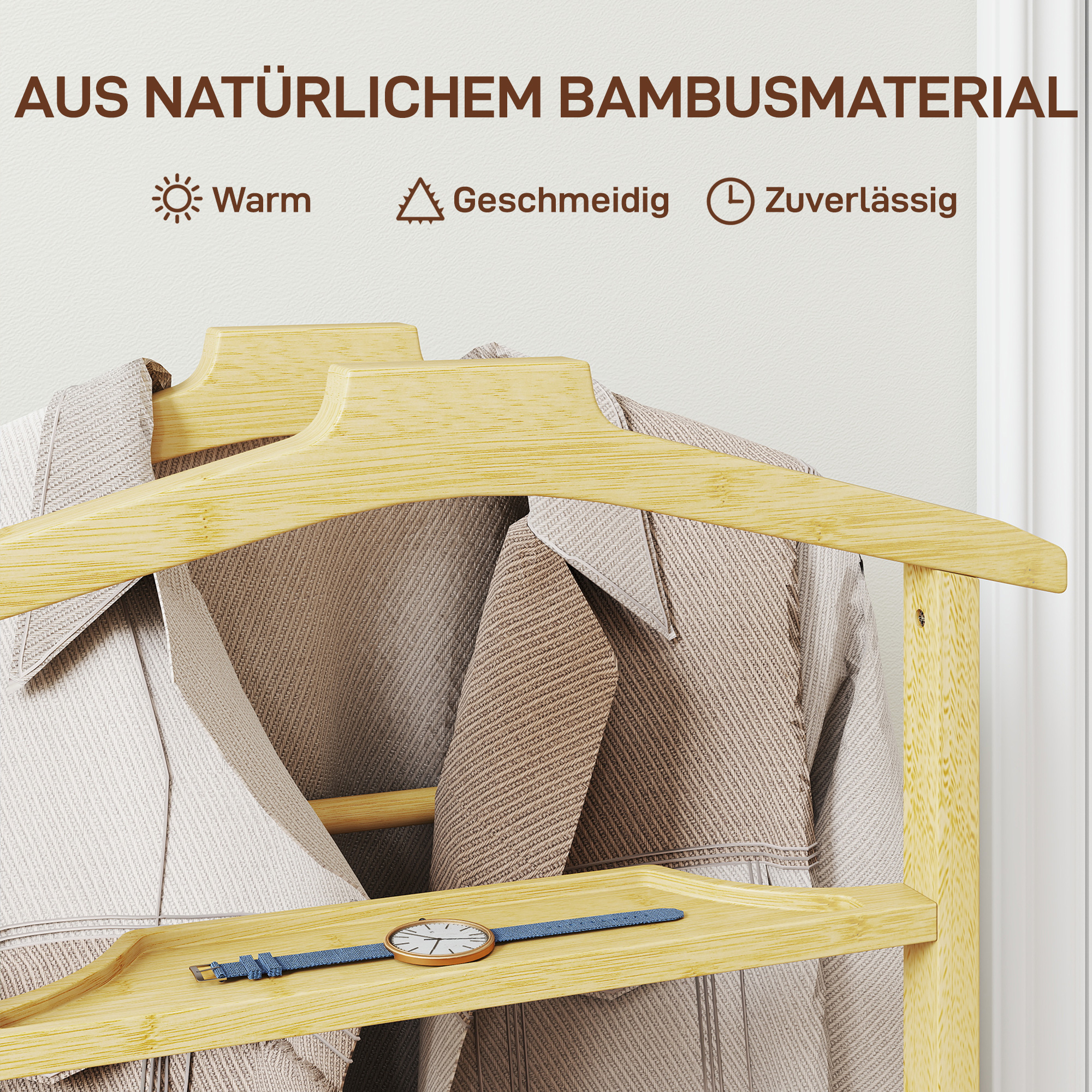 Kleiderständer mit Rollen, Garderobenständer mit Doppelstangen aus Bambus, Schuhablage, Ablagetablett, Hosenhalter