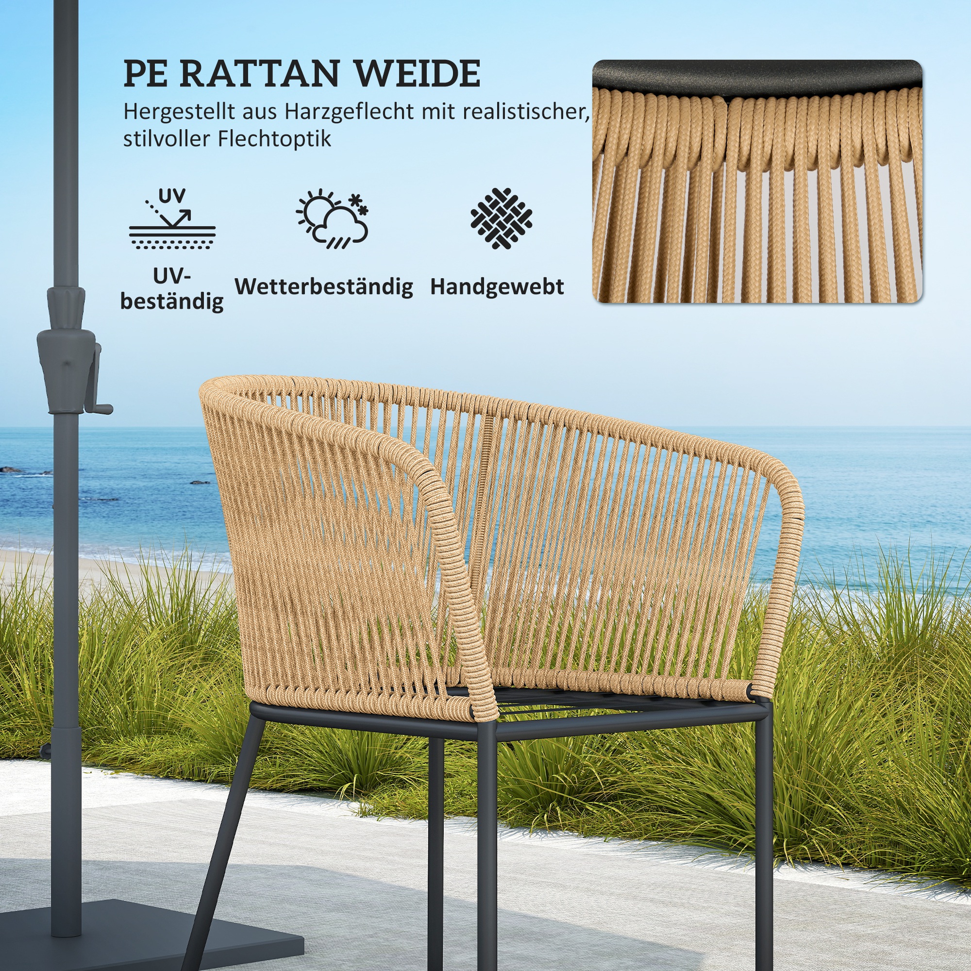 5-teiliges Gartenmöbel-Set, 4 Stühle, 1 Tisch, Kunst-Rattan, Stahlgestell, waschbare Kissen, für Terrasse, Khaki