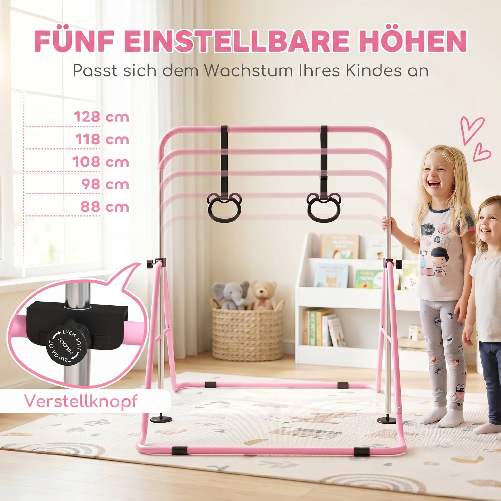 Kinder-Turnbarren mit Ringen, höhenverstellbar, klappbar, rutschfest, Stahlrahmen, 148x105x88-128 cm, Pink