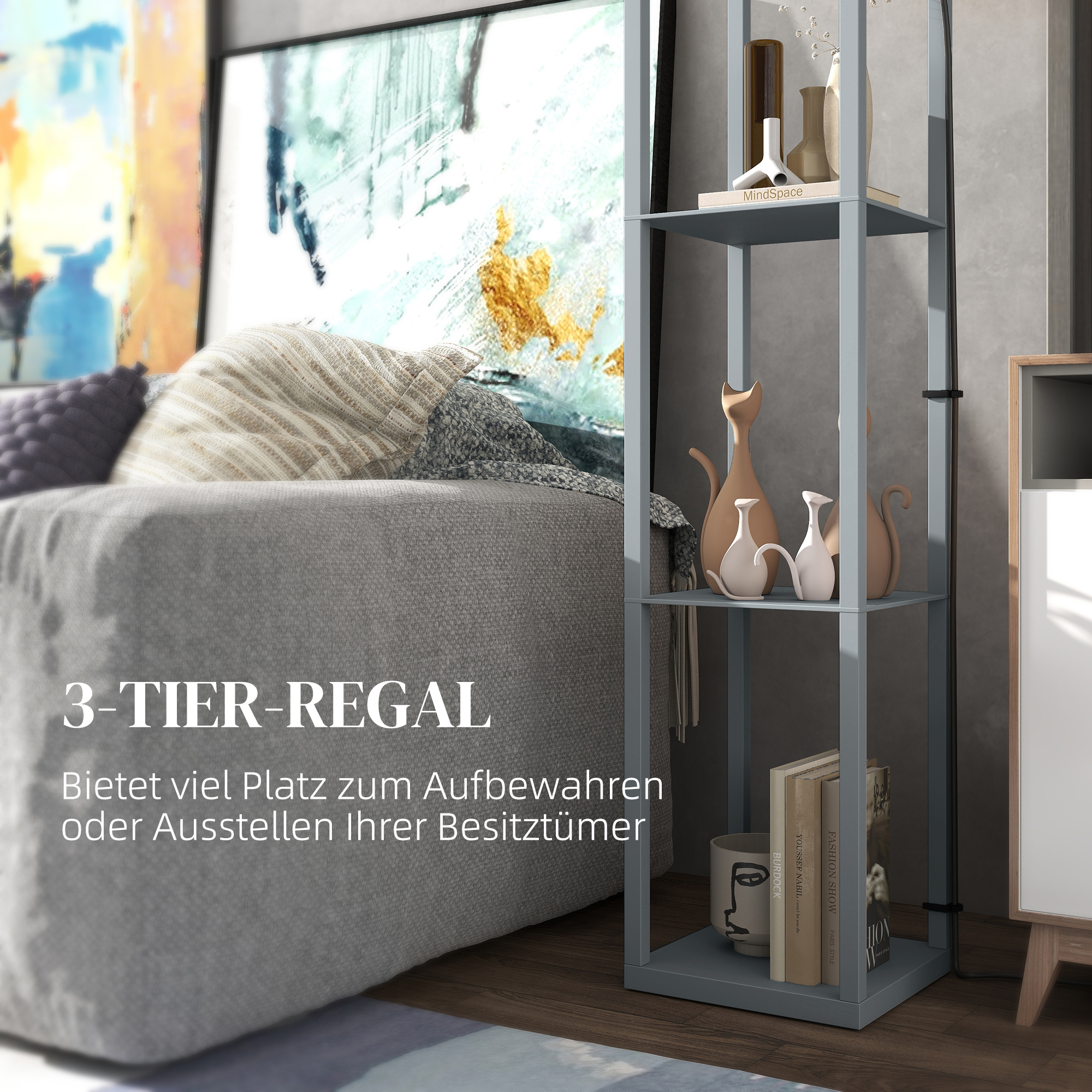 Stehlampe mit Regal, 3 Fächer, kompakte Maße, MDF, Hellgrau