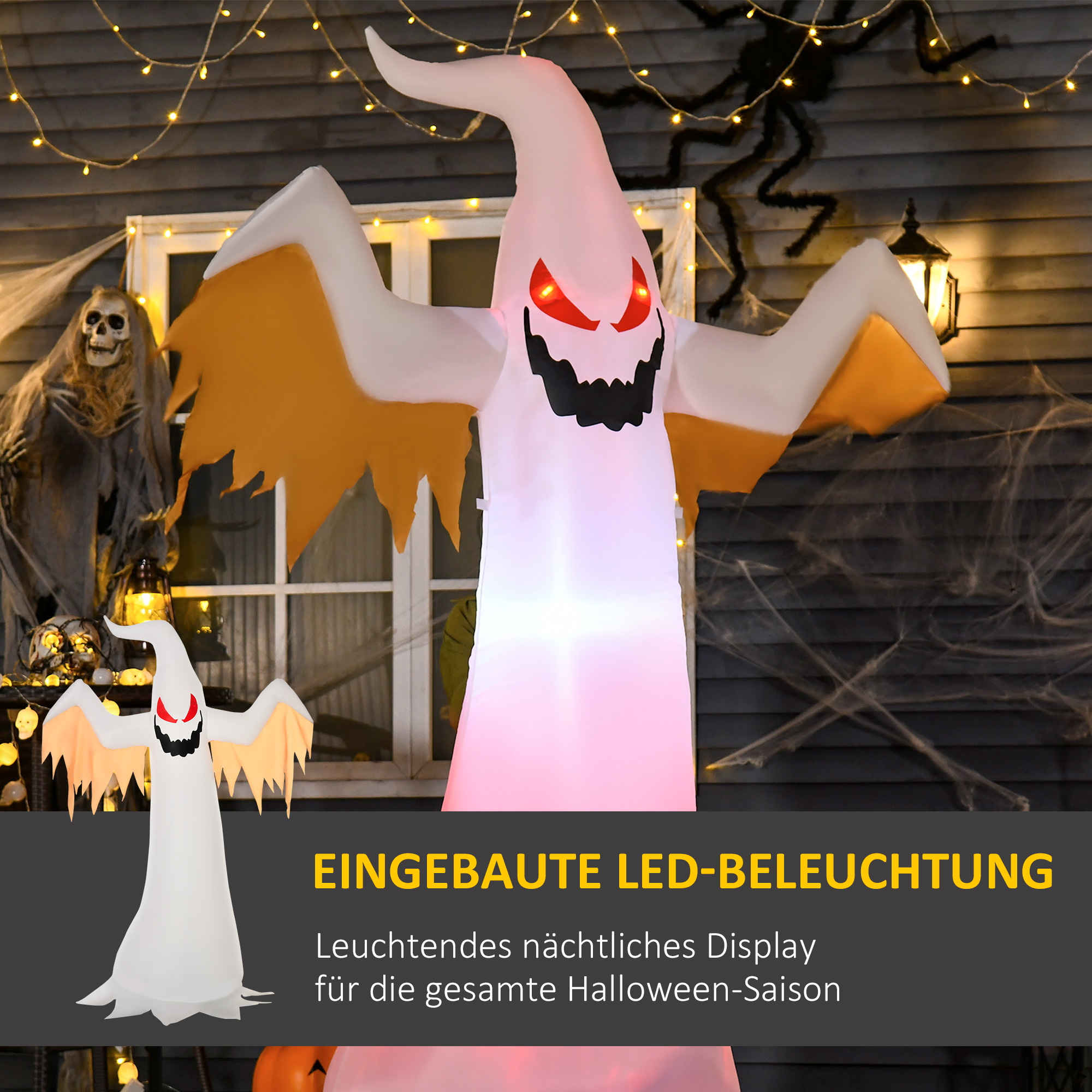 Halloween aufblasbares Gespenst 2,4 m Dekoration mit LEDs IP44 Selbstaufblasender Polyester Weiß + Rot 150 x 80 x 240 cm