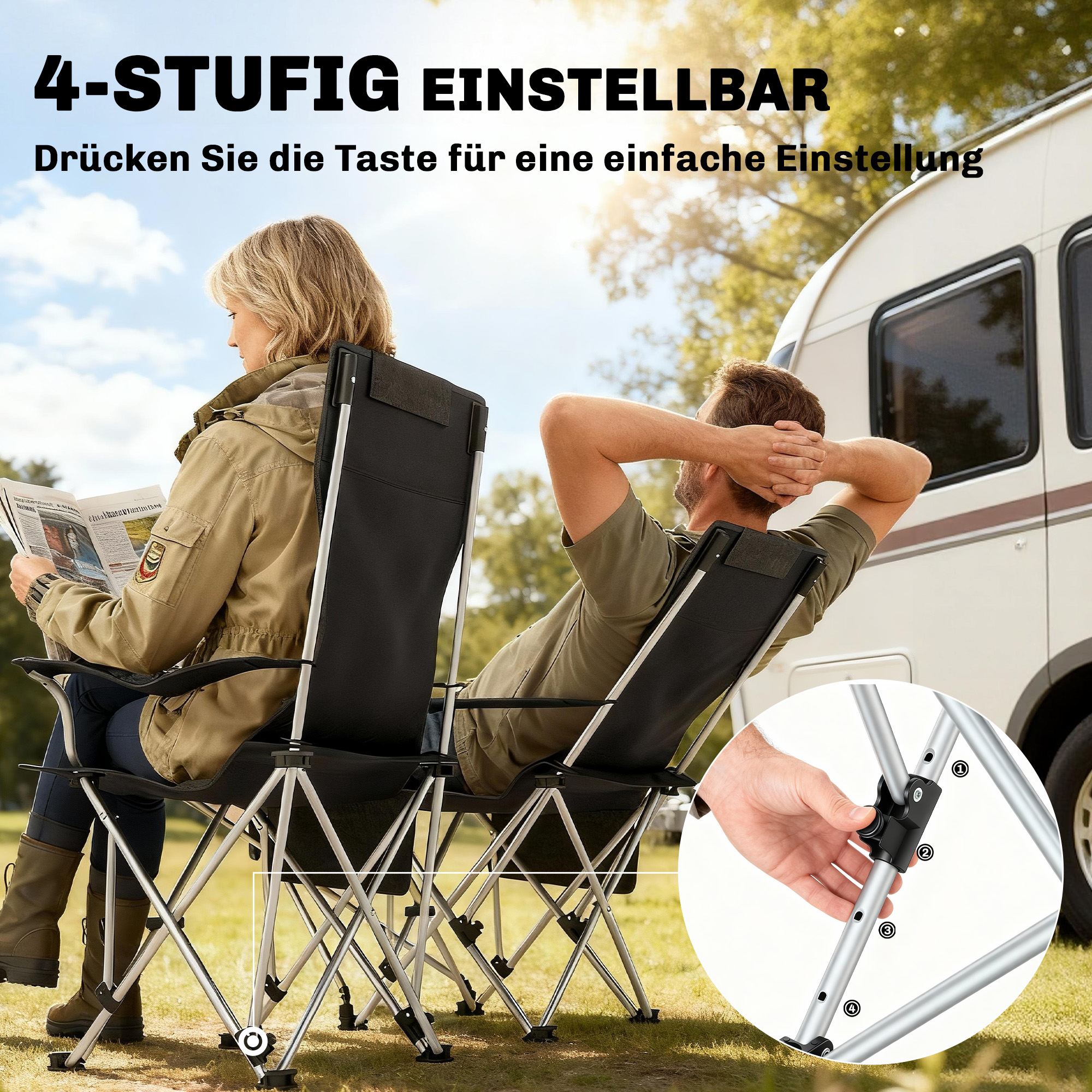 2er Set Campingstuhl faltbar Angelstuhl mit abnehmbar Fußstütze Getränkehalter belastbar 120 kg Schwarz